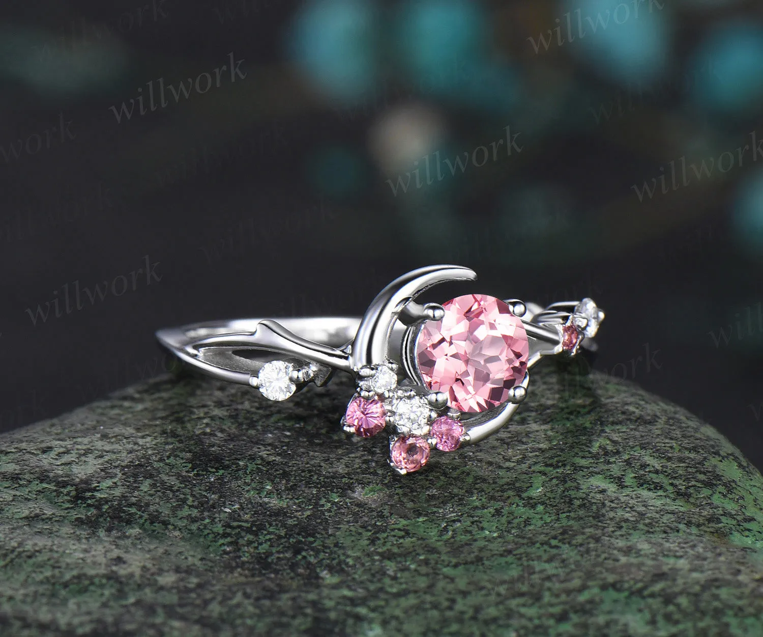 5mm round Padparadscha sapphire engagement ring moon star twig Ring pink tourmaline diamond cluster ring gifts for her sold by Willwork Jewelry product image thumbnail 4