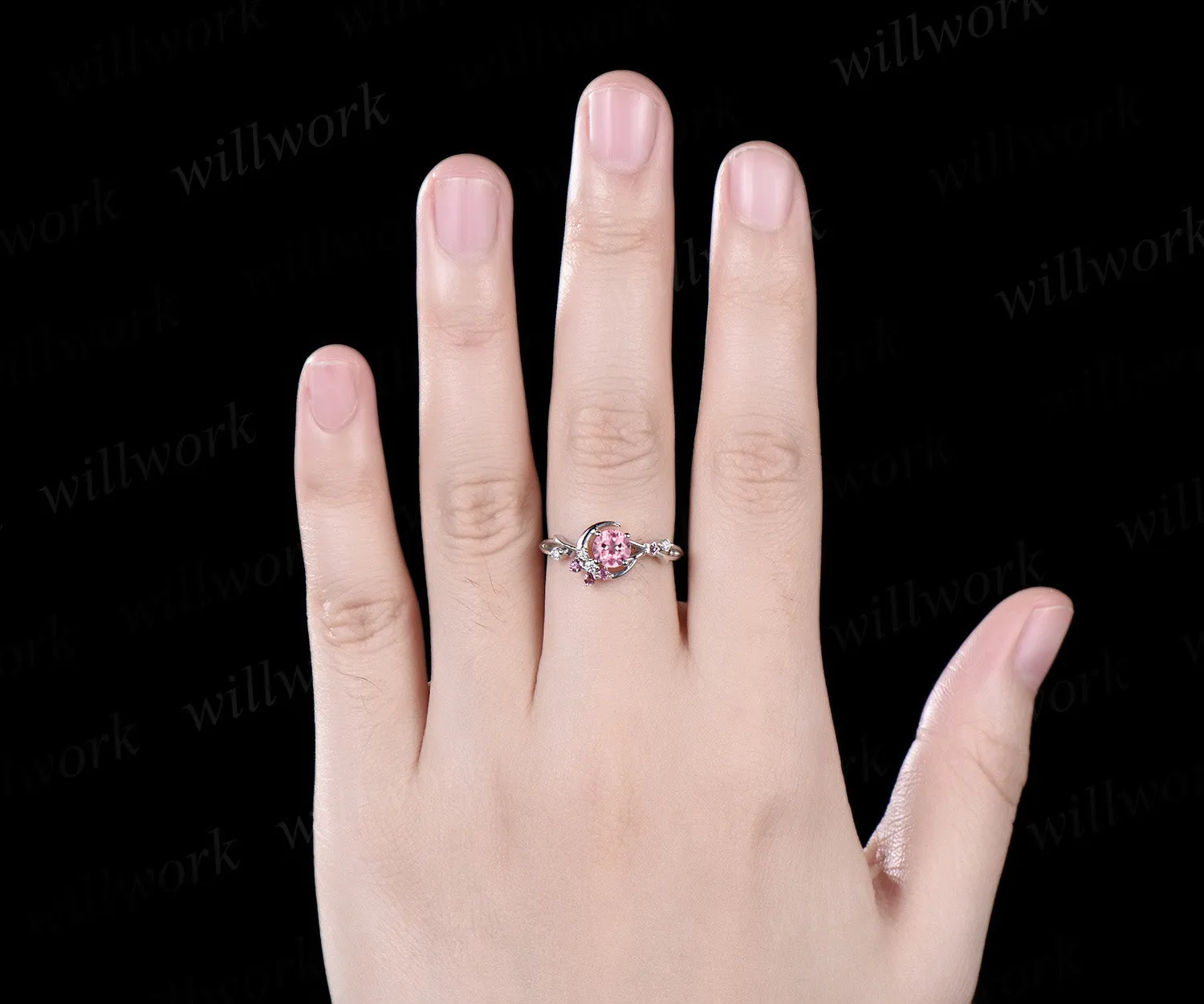 5mm round Padparadscha sapphire engagement ring moon star twig Ring pink tourmaline diamond cluster ring gifts for her sold by Willwork Jewelry product image thumbnail 3