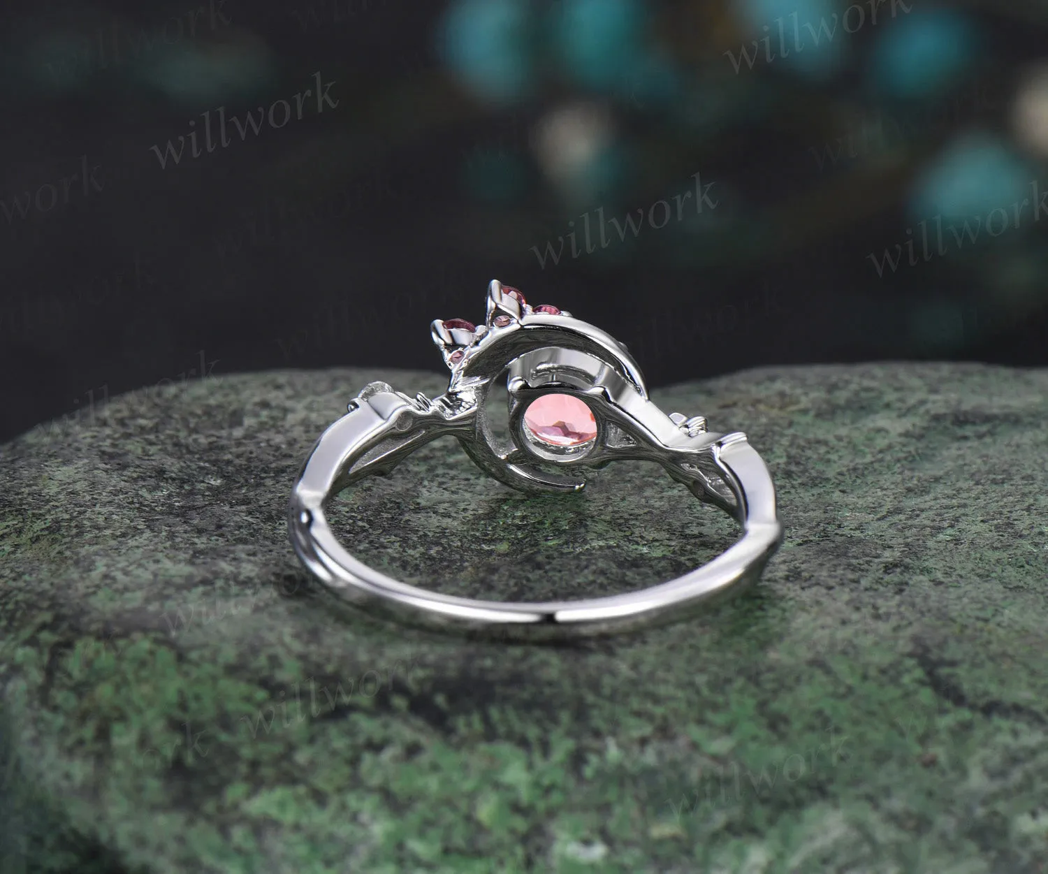 5mm round Padparadscha sapphire engagement ring moon star twig Ring pink tourmaline diamond cluster ring gifts for her sold by Willwork Jewelry product image thumbnail 2
