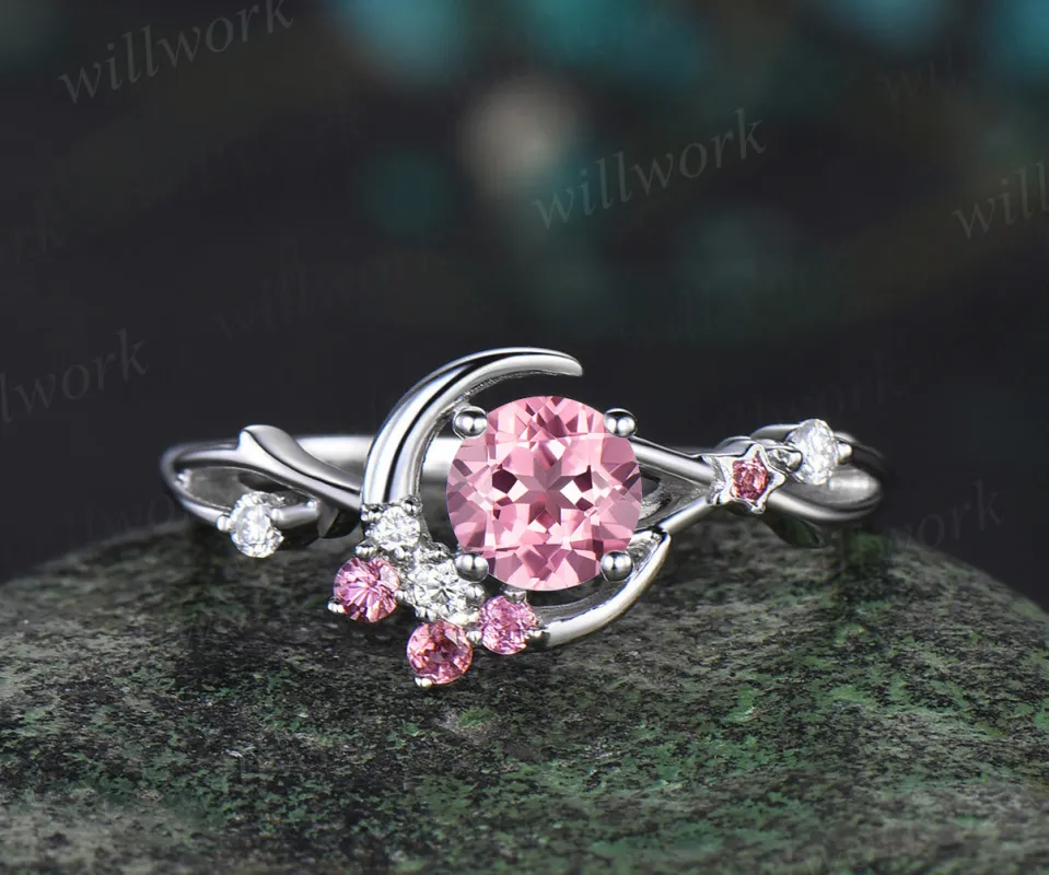 5mm round Padparadscha sapphire engagement ring moon star twig Ring pink tourmaline diamond cluster ring gifts for her sold by Willwork Jewelry