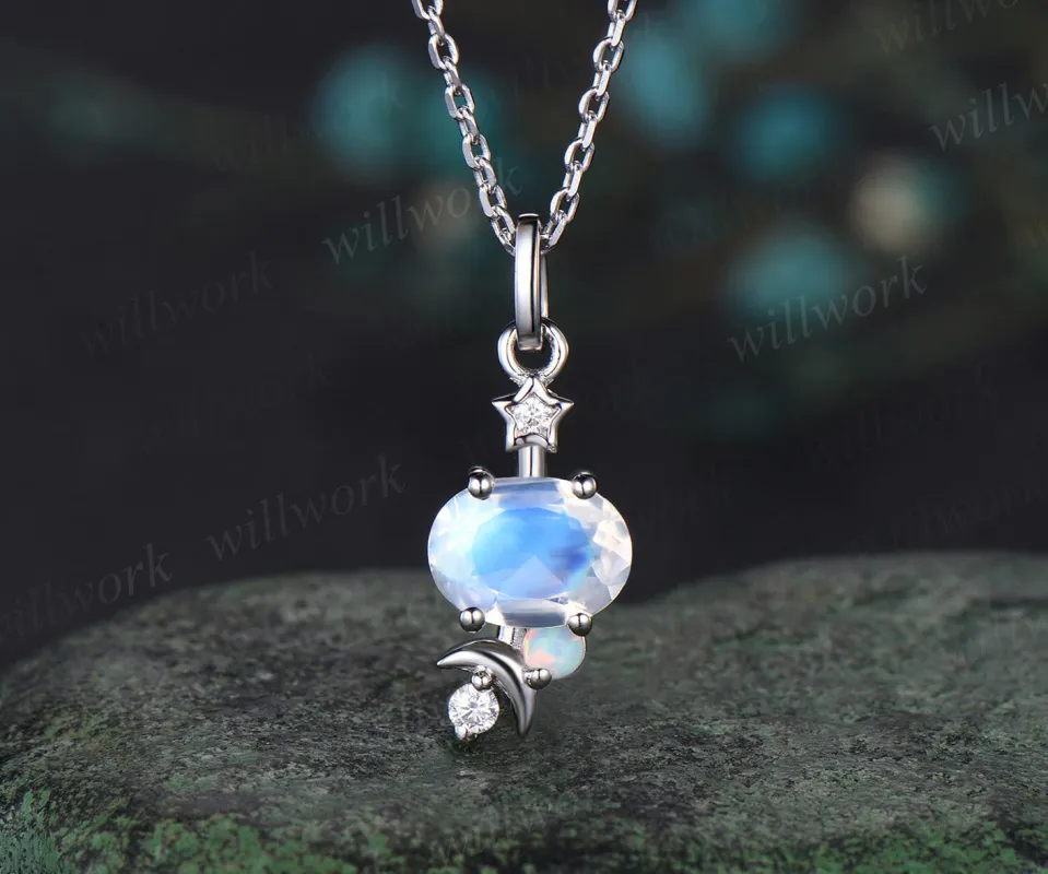 East to West oval moonstone necklace celestial moon star diamond opal elegant pendant necklace June birthstone anniversary gifts sold by Willwork Jewelry