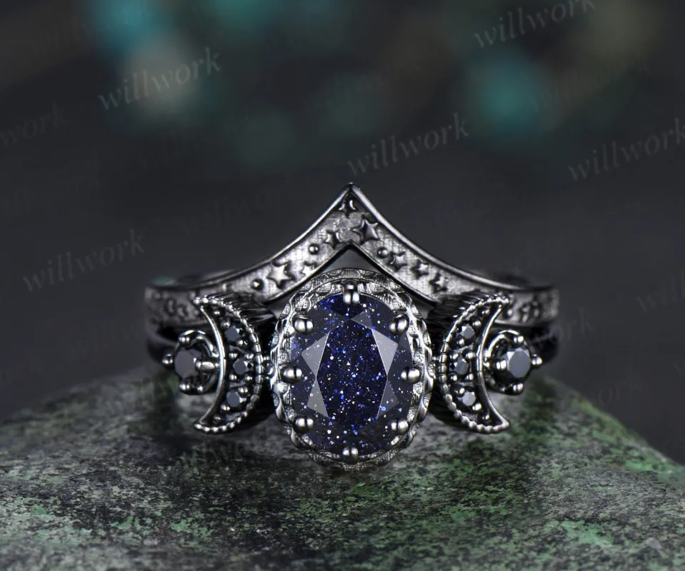 Black gold oval blue sandstone engagement ring black spinel moon milgrain ring Galaxy stone stars matching band gothic bridal set sold by Willwork Jewelry