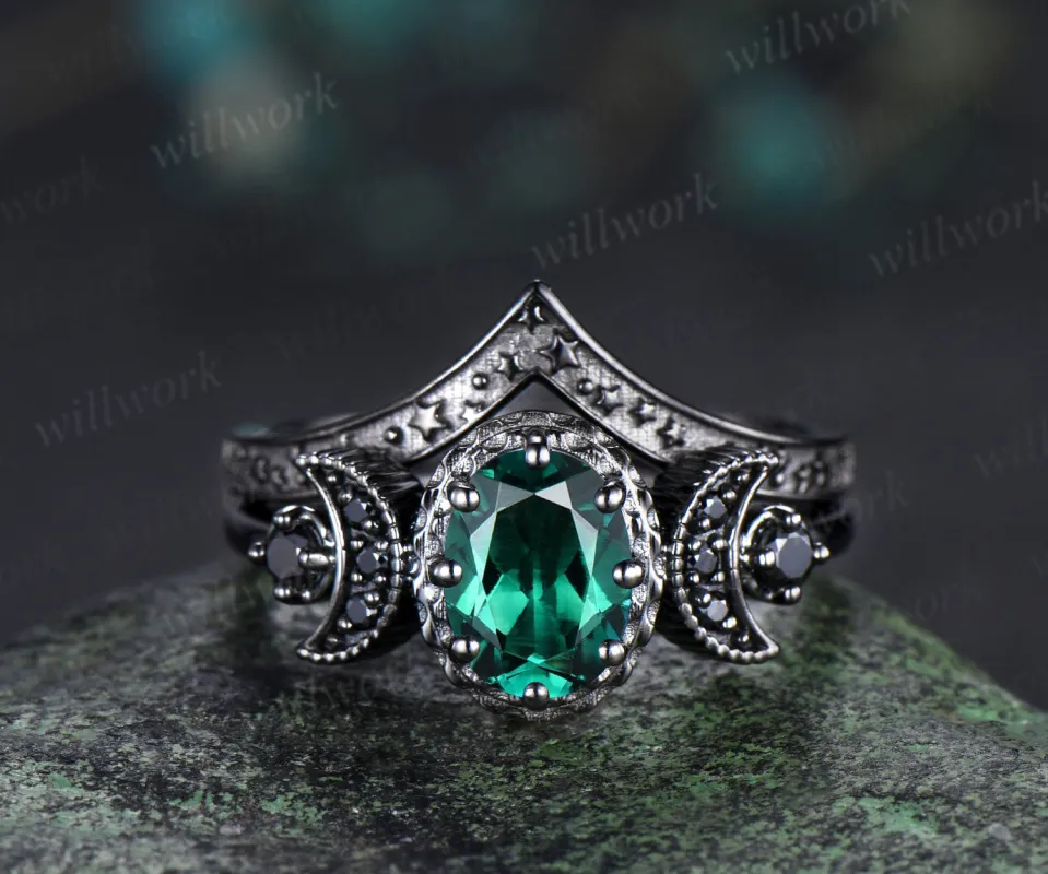 Gothic oval emerald ring set black gold crescent moon engagement ring curved starry stackable band May birthstone promise ring sold by Willwork Jewelry