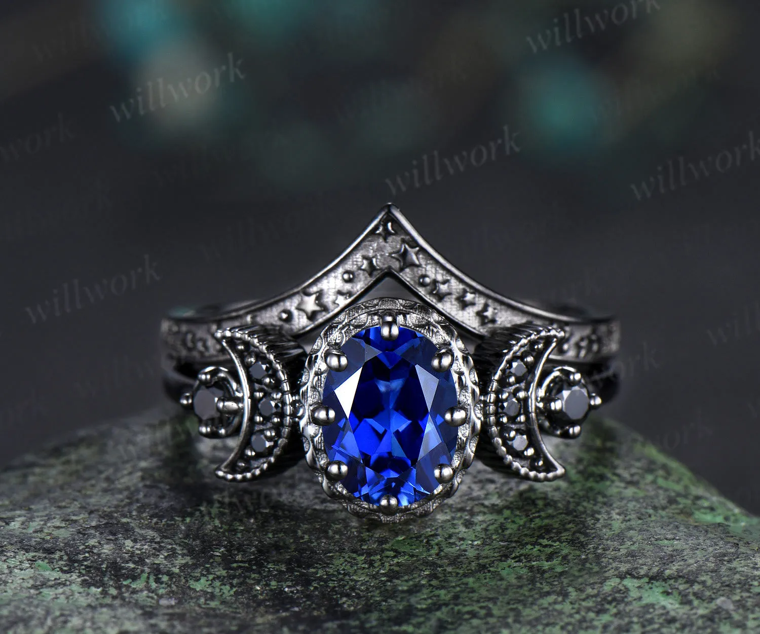 Black gold oval sapphire moon stars engagement ring set crescent black spinel ring curved engraved stars wedding band unique bridal set sold by Willwork Jewelry