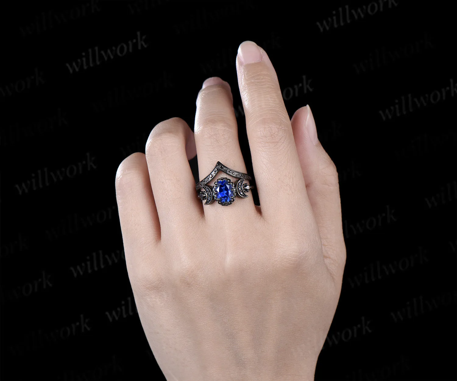 Black gold oval sapphire moon stars engagement ring set crescent black spinel ring curved engraved stars wedding band unique bridal set sold by Willwork Jewelry product image thumbnail 2