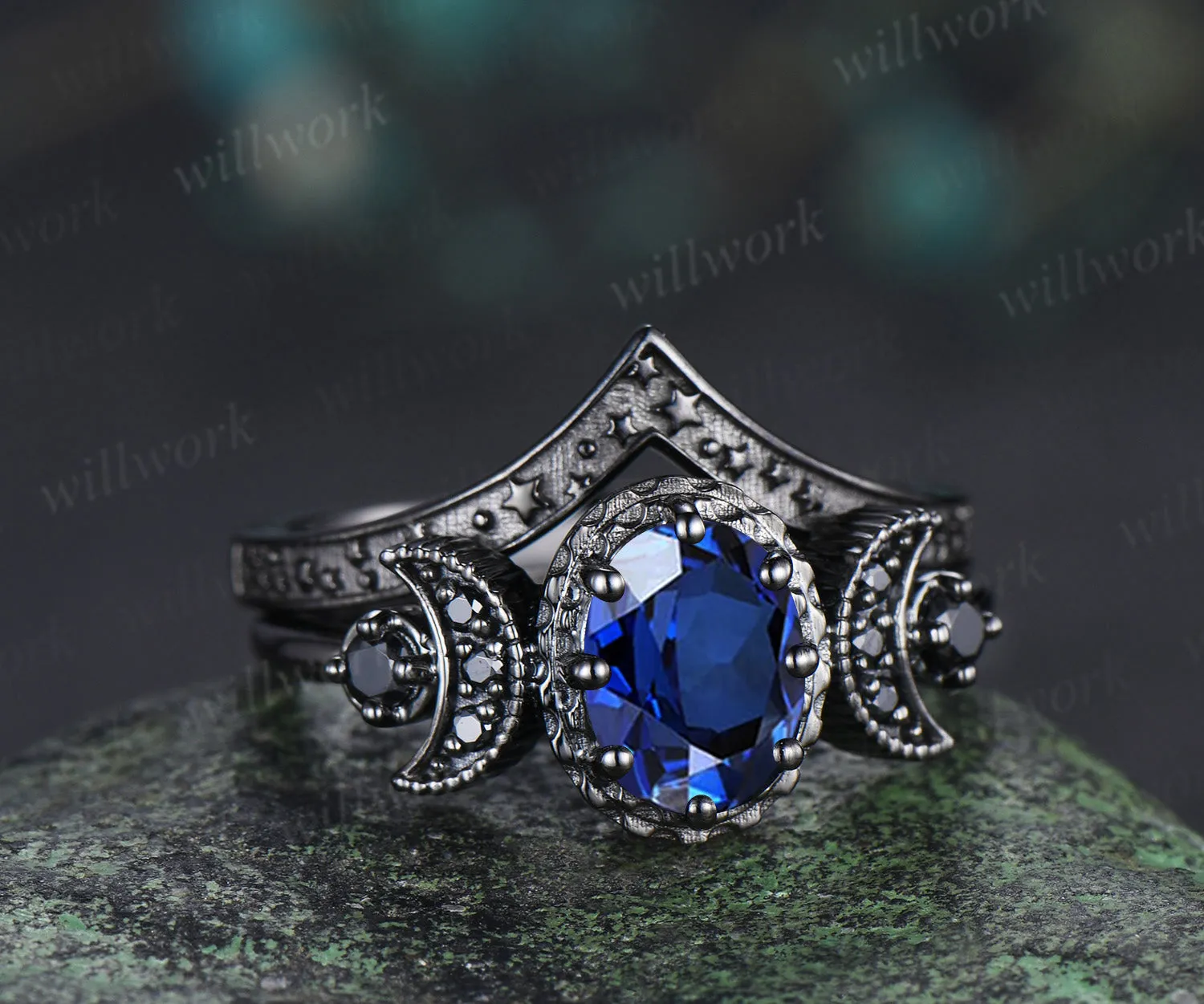 Black gold oval sapphire moon stars engagement ring set crescent black spinel ring curved engraved stars wedding band unique bridal set sold by Willwork Jewelry product image thumbnail 4