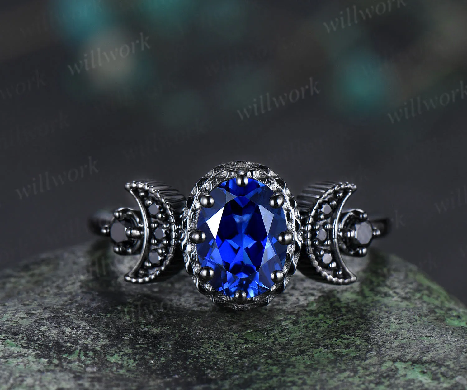 Black gold oval sapphire moon stars engagement ring set crescent black spinel ring curved engraved stars wedding band unique bridal set sold by Willwork Jewelry product image thumbnail 3