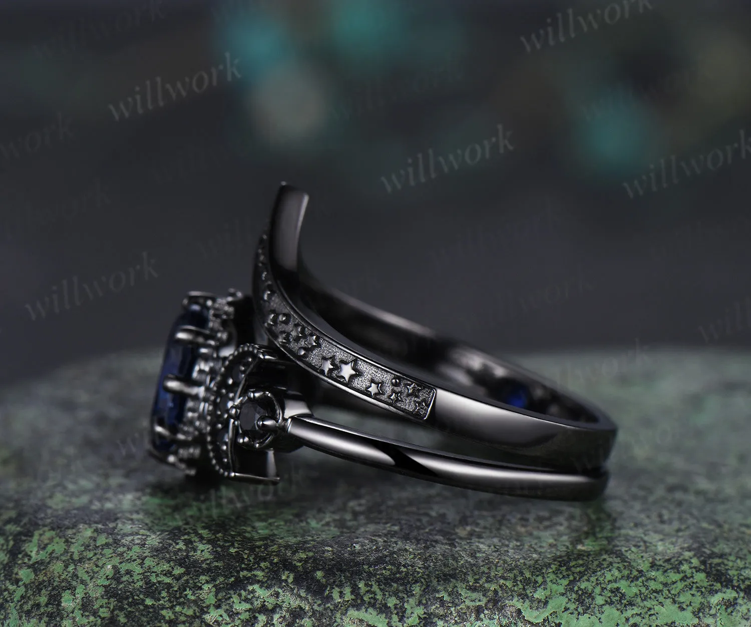 Black gold oval sapphire moon stars engagement ring set crescent black spinel ring curved engraved stars wedding band unique bridal set sold by Willwork Jewelry product image thumbnail 5