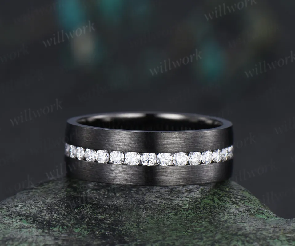 Moissanite mens wedding band 14k black gold brushed 8mm 3/4 eternity wedding ring anniversary gift for husband made by Willwork Jewelry
