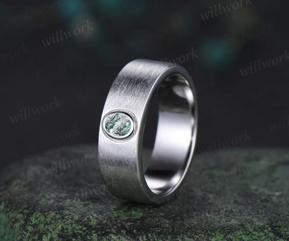 Solitaire oval moss agate mens wedding band 6mm white gold brushed finish bezel setting ring anniversary gifts for men sold by Willwork Jewelry