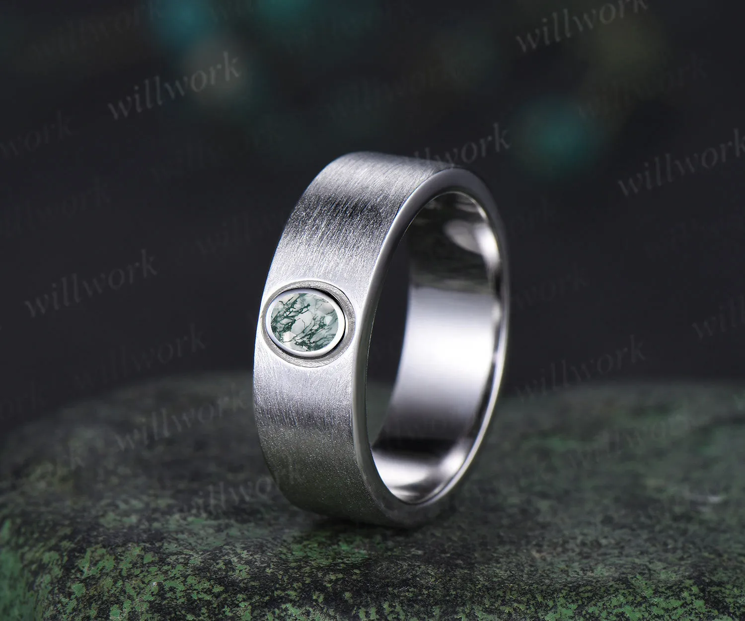 Solitaire oval moss agate mens wedding band 6mm white gold brushed finish bezel setting ring anniversary gifts for men sold by Willwork Jewelry