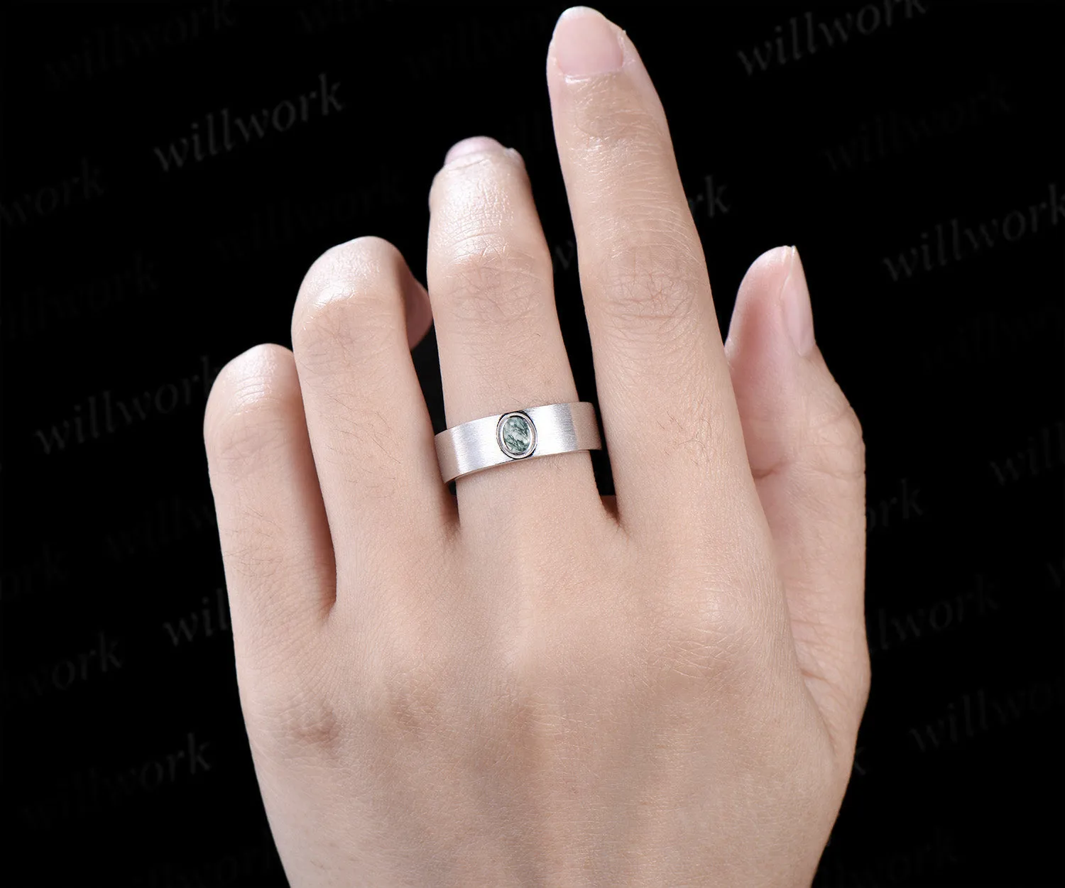 Solitaire oval moss agate mens wedding band 6mm white gold brushed finish bezel setting ring anniversary gifts for men sold by Willwork Jewelry product image thumbnail 2