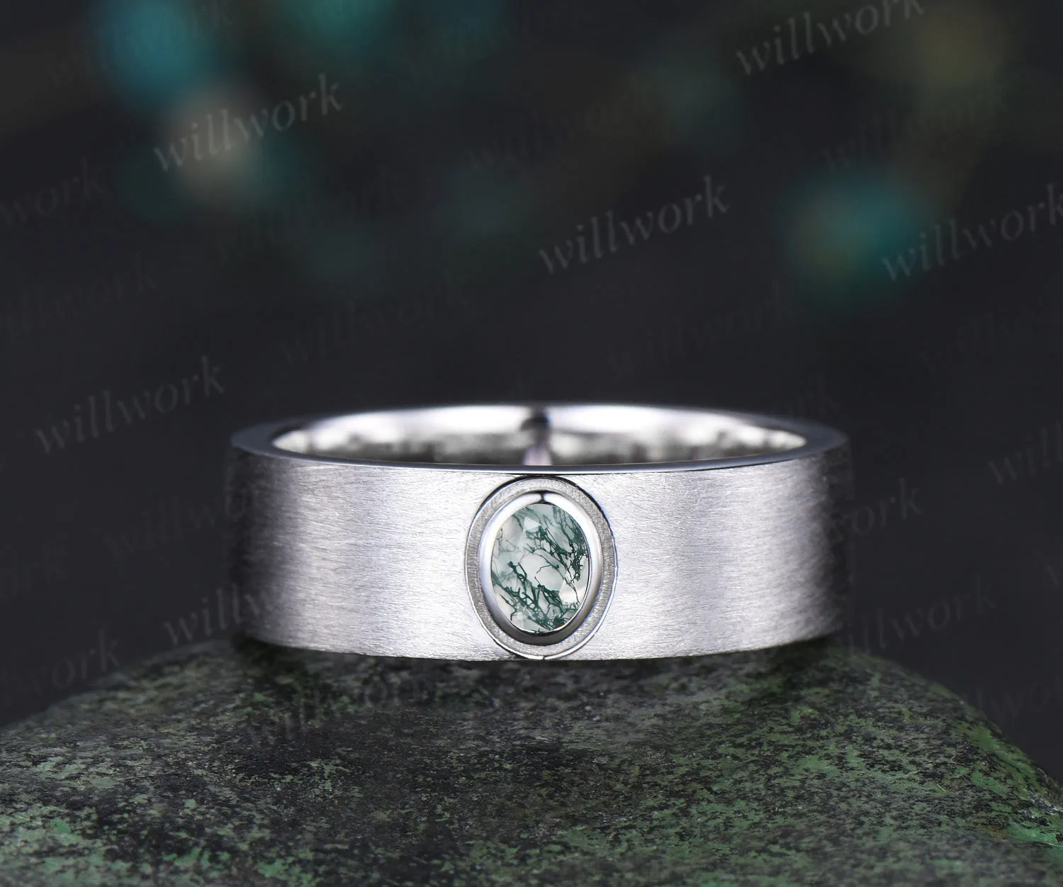 Solitaire oval moss agate mens wedding band 6mm white gold brushed finish bezel setting ring anniversary gifts for men sold by Willwork Jewelry product image thumbnail 3