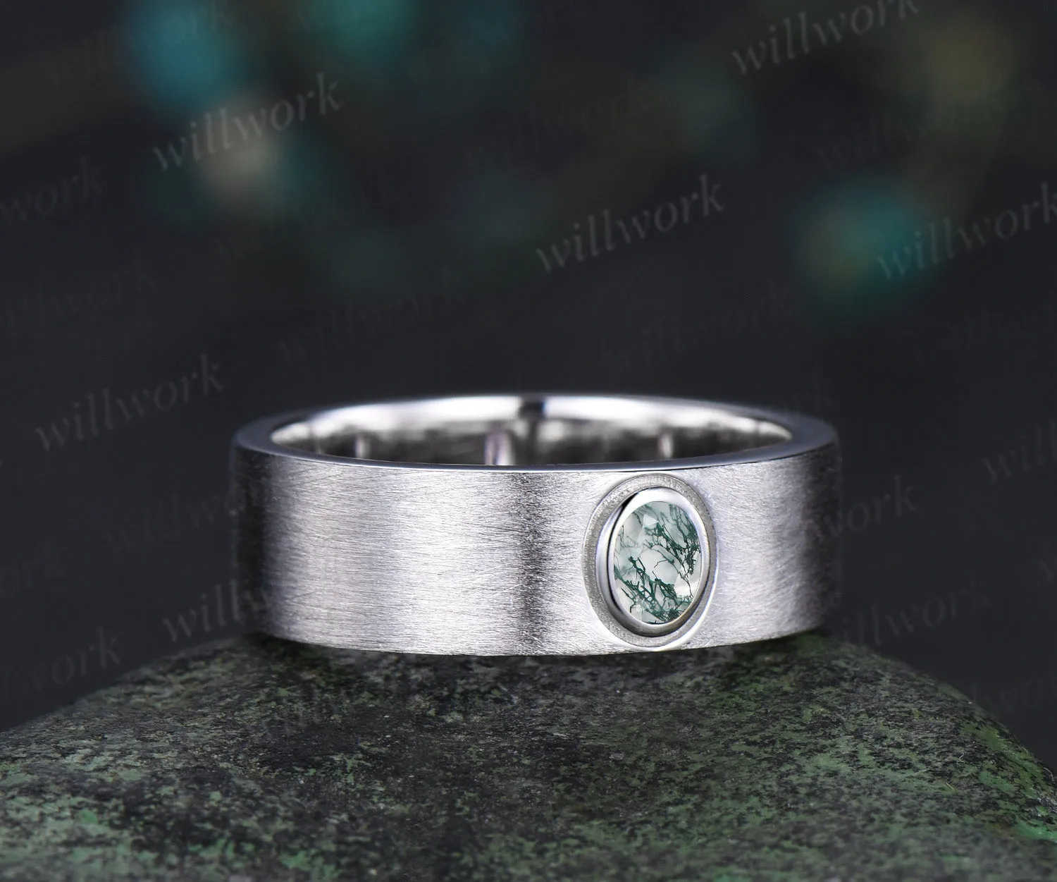Solitaire oval moss agate mens wedding band 6mm white gold brushed finish bezel setting ring anniversary gifts for men sold by Willwork Jewelry product image thumbnail 4