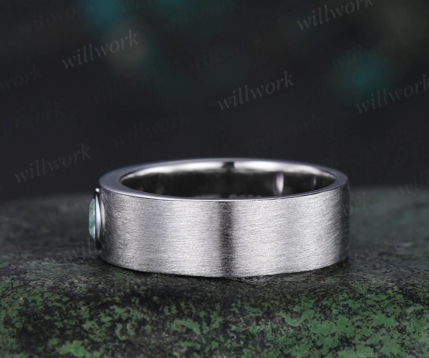 Solitaire oval moss agate mens wedding band 6mm white gold brushed finish bezel setting ring anniversary gifts for men sold by Willwork Jewelry product image thumbnail 5