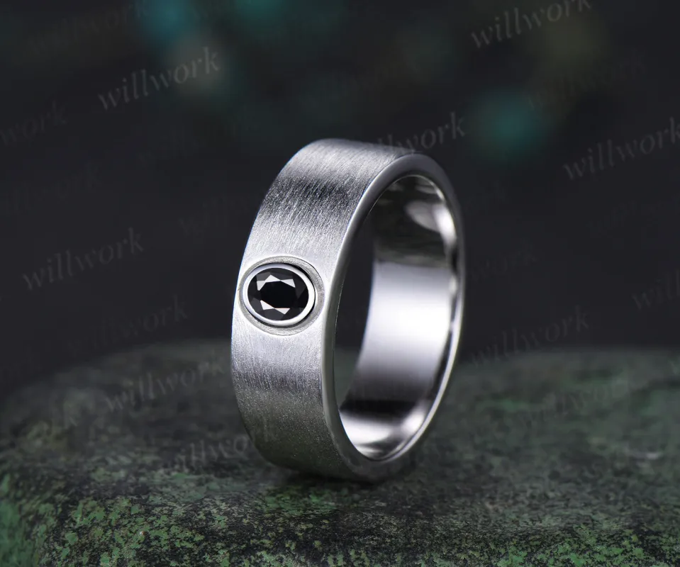 Solitaire oval natural black onyx men ring brushed finsh wide band white gold wedding band anniversary gifts sold by Willwork Jewelry