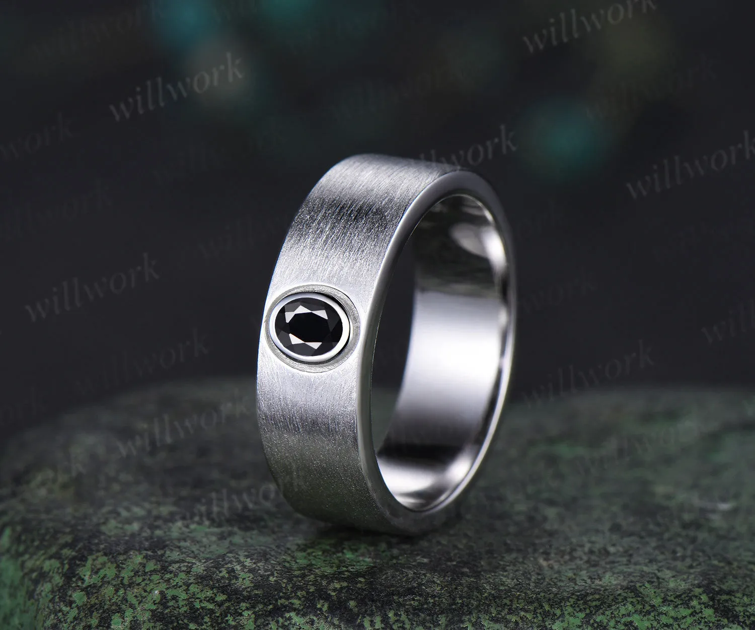 Solitaire oval natural black onyx men ring brushed finsh wide band white gold wedding band anniversary gifts sold by Willwork Jewelry