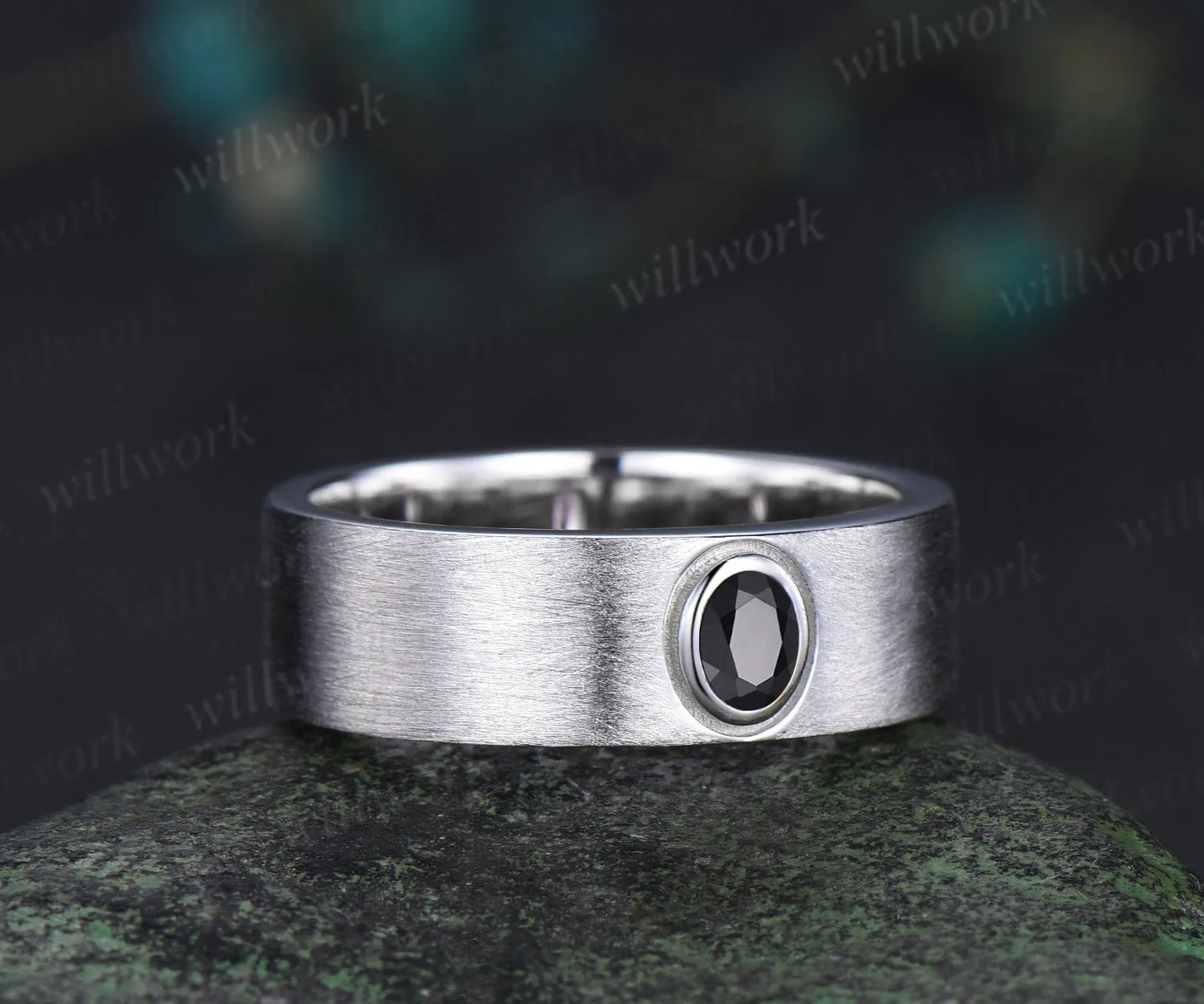 Solitaire oval natural black onyx men ring brushed finsh wide band white gold wedding band anniversary gifts sold by Willwork Jewelry product image thumbnail 4