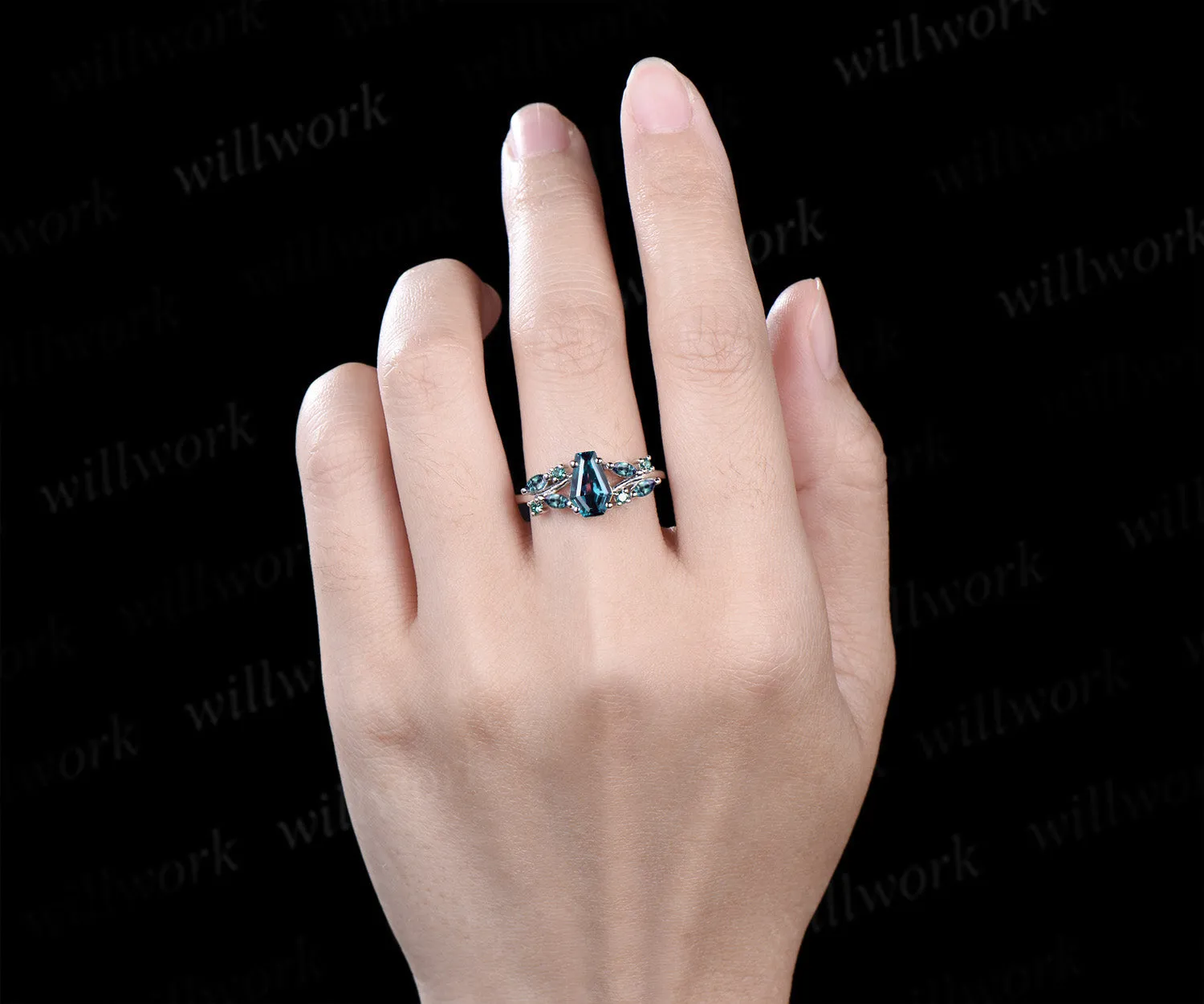 Coffin cut alexandrite engagement ring marquise color change split shank ring June birthstone jewelry gifts for women sold by Willwork Jewelry product image thumbnail 2