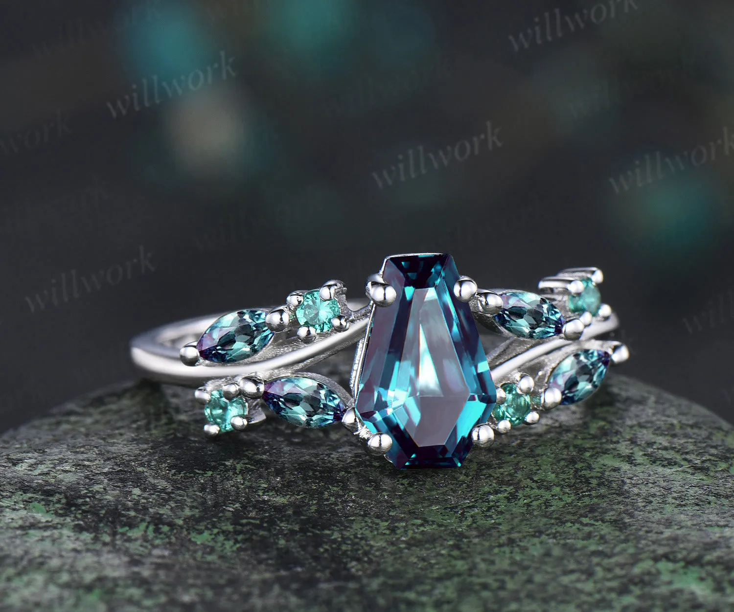 Coffin cut alexandrite engagement ring marquise color change split shank ring June birthstone jewelry gifts for women sold by Willwork Jewelry product image thumbnail 3
