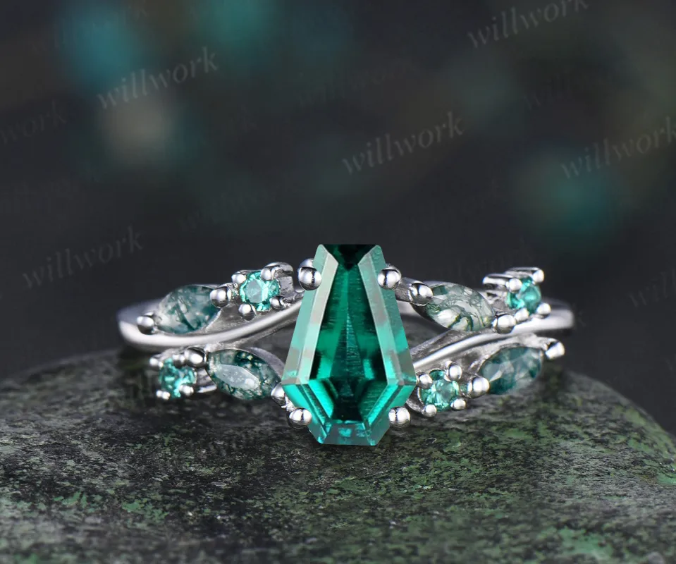 Coffin cut emerald engagement ring marquise moss agate split shank ring birthstone promise ring gifts for her sold by Willwork Jewelry