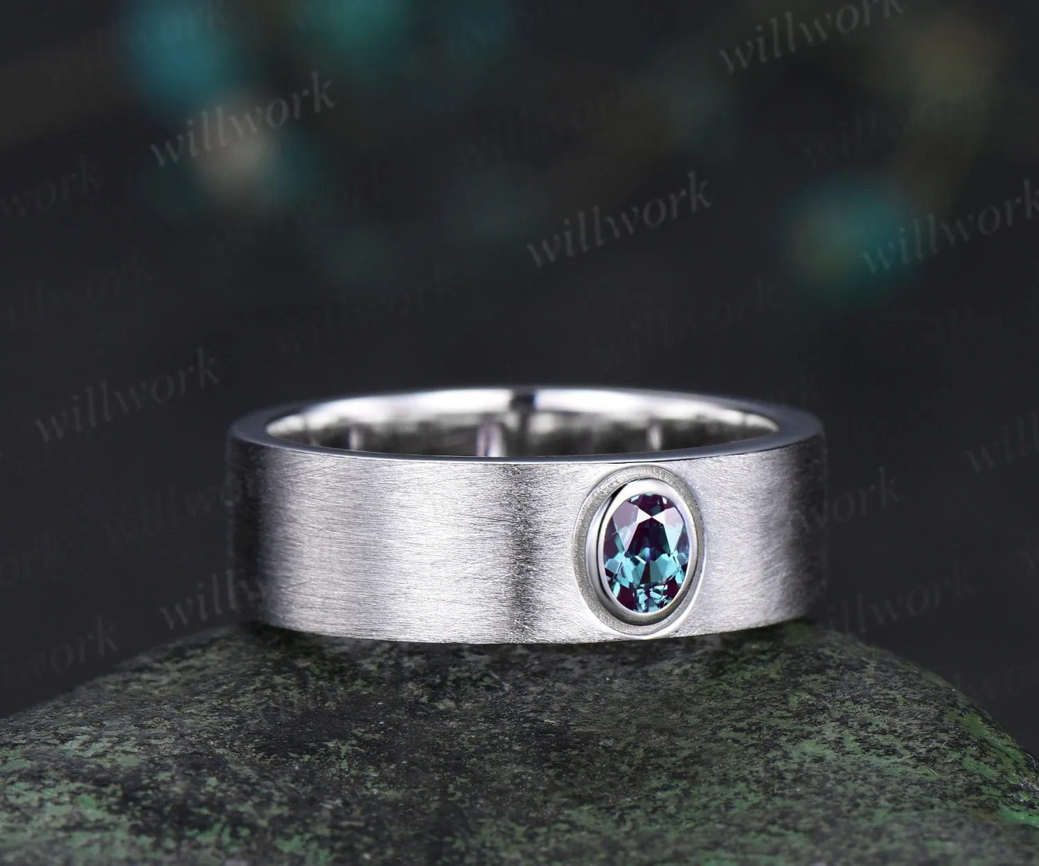 Solitaire oval alexndrite men wedding band brushed finsh wide band solid white gold engagement ring June birthstone anniversary gifts sold by Willwork Jewelry product image thumbnail 3