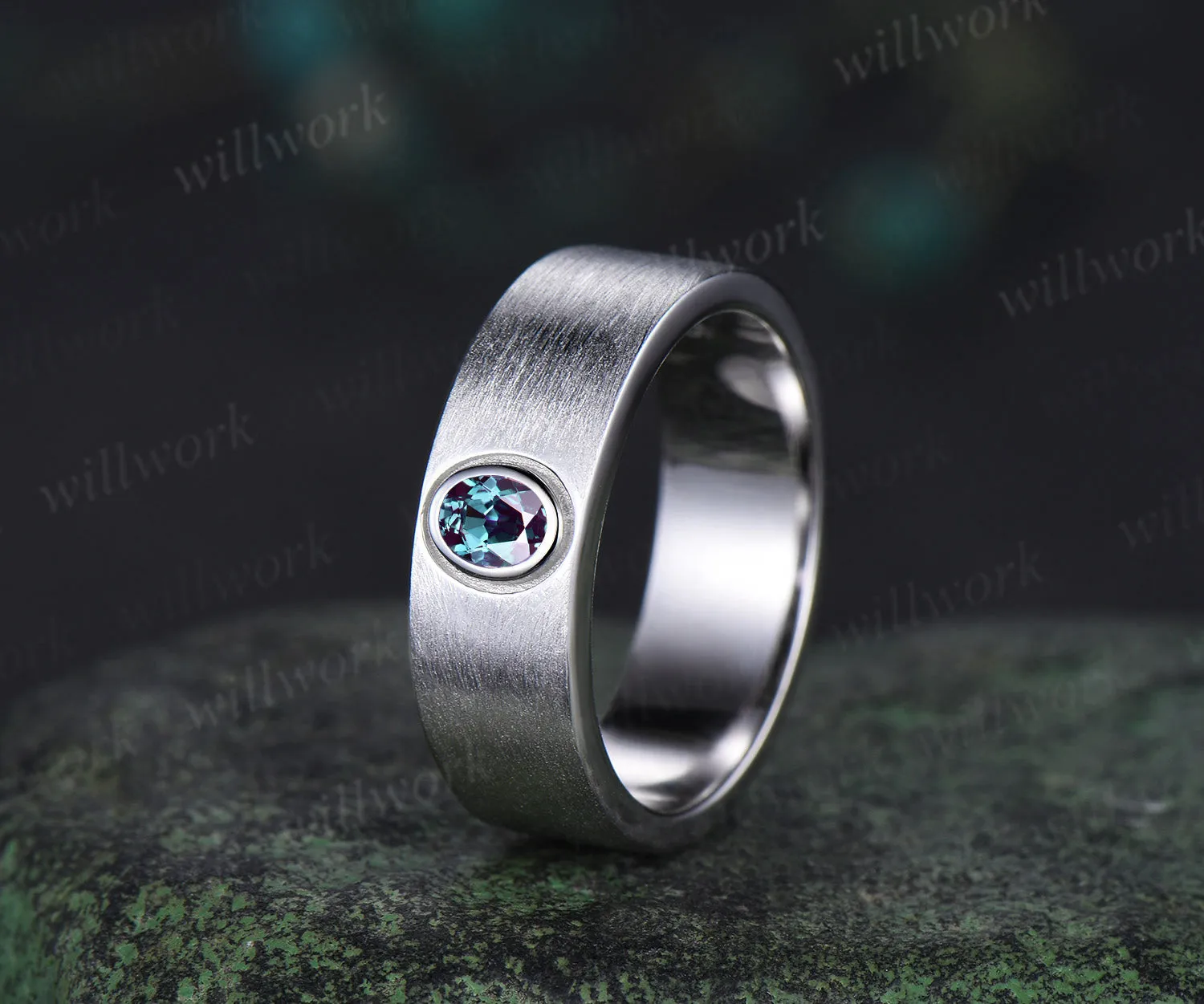 Solitaire oval alexndrite men wedding band brushed finsh wide band solid white gold engagement ring June birthstone anniversary gifts sold by Willwork Jewelry product image thumbnail 2