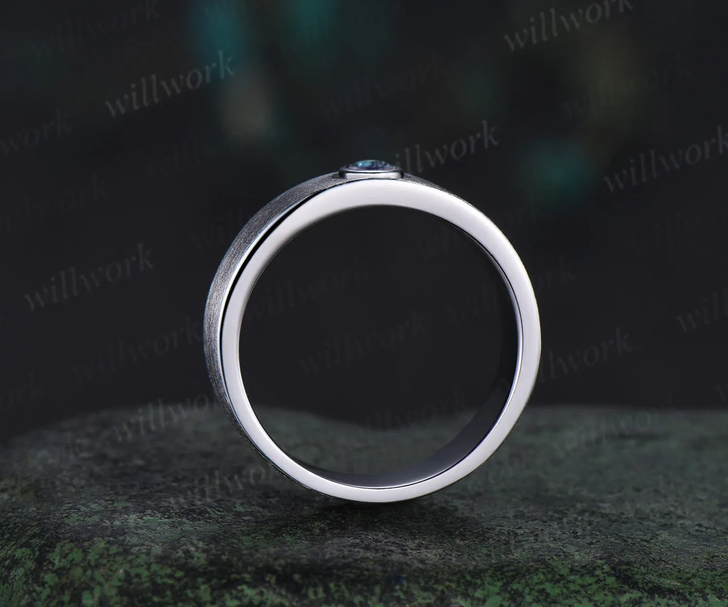 Solitaire oval alexndrite men wedding band brushed finsh wide band solid white gold engagement ring June birthstone anniversary gifts sold by Willwork Jewelry product image thumbnail 4