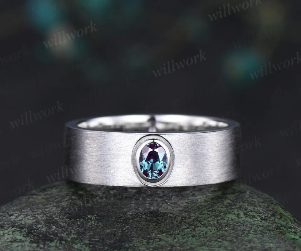 Solitaire oval alexndrite men wedding band brushed finsh wide band solid white gold engagement ring June birthstone anniversary gifts sold by Willwork Jewelry