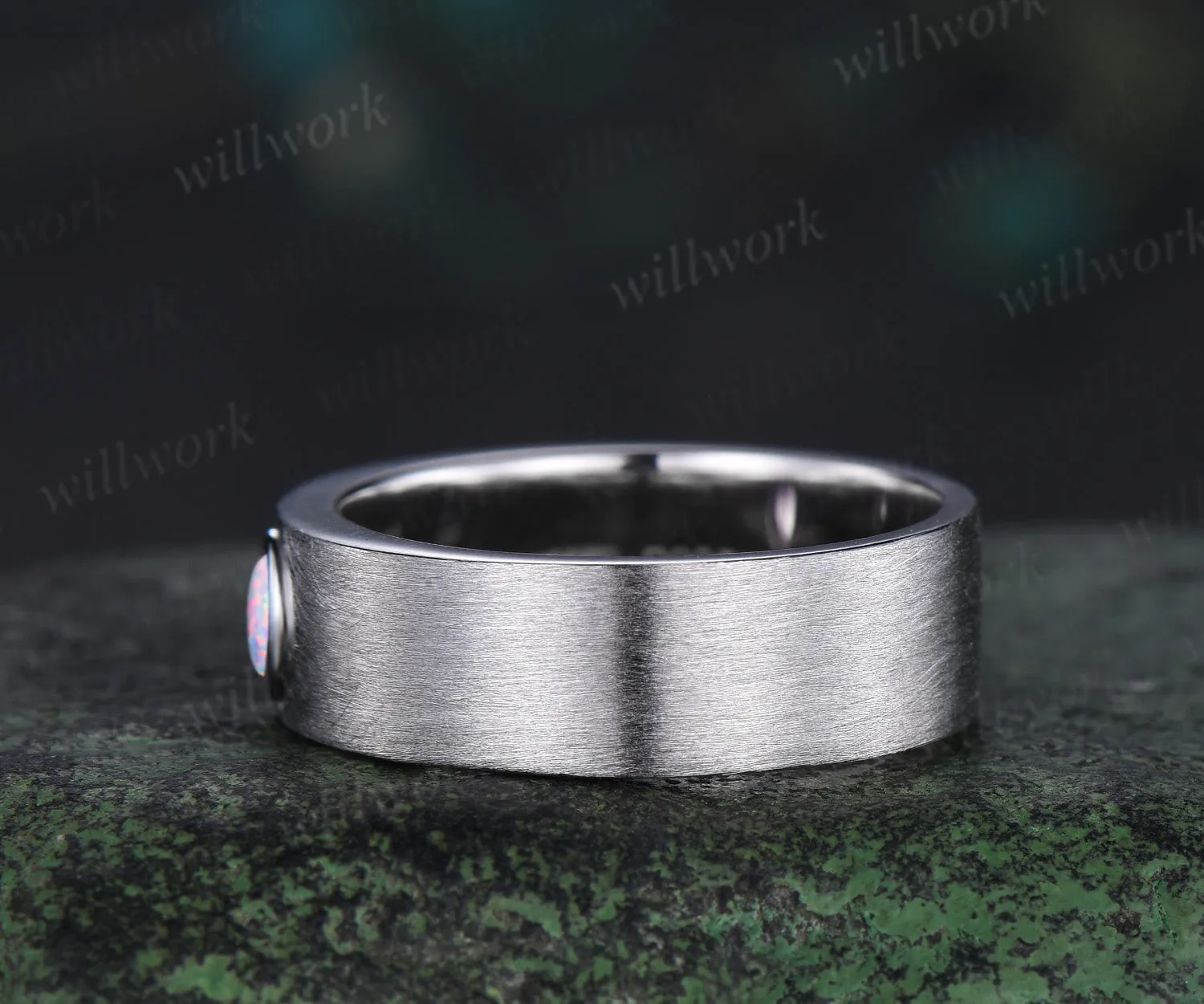 Oval shape opal men wedding band brushed finsh solitaire ring solid white gold engagement ring unique October birthstone anniversary gift sold by Willwork Jewelry product image thumbnail 4