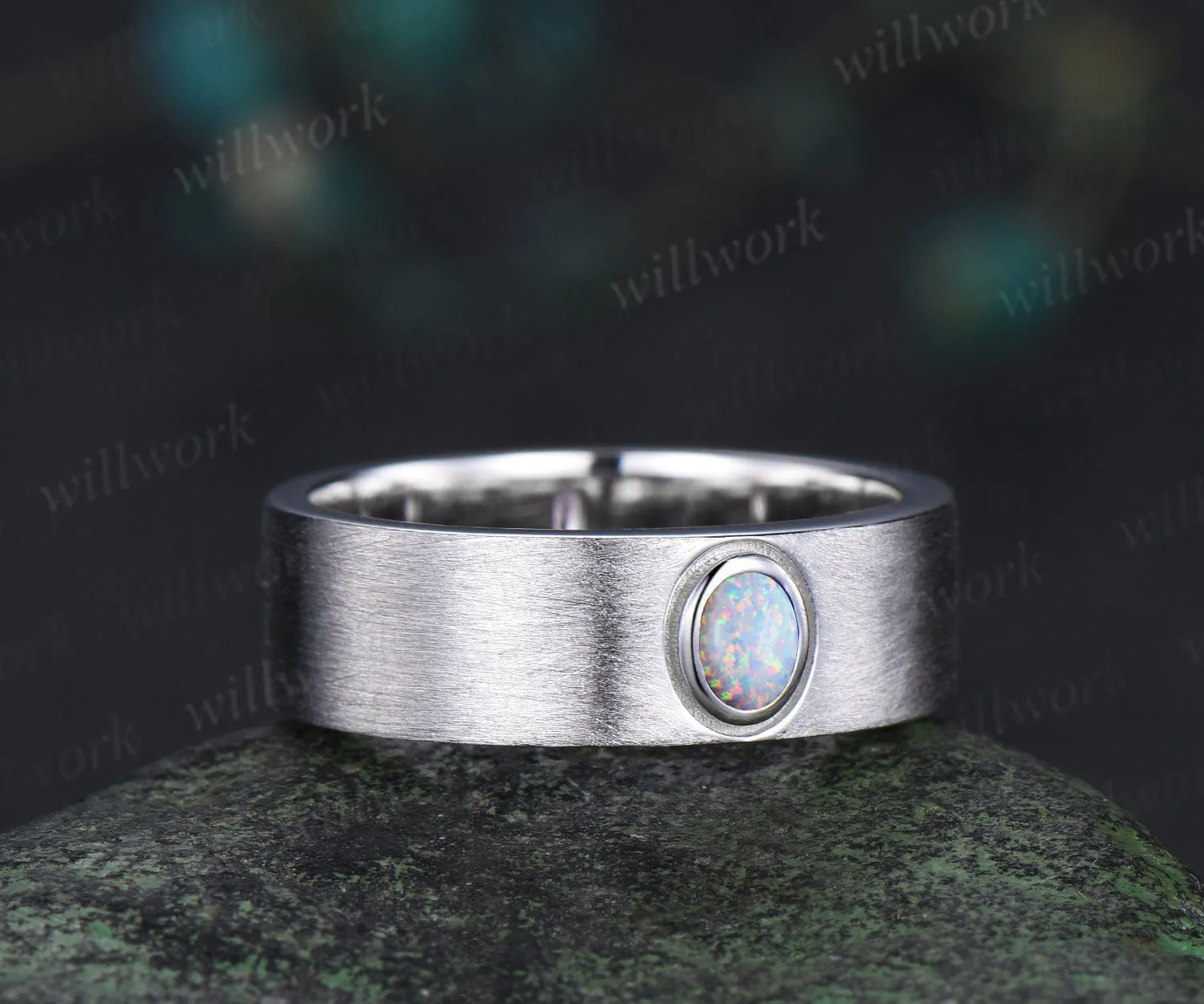 Oval shape opal men wedding band brushed finsh solitaire ring solid white gold engagement ring unique October birthstone anniversary gift sold by Willwork Jewelry product image thumbnail 3