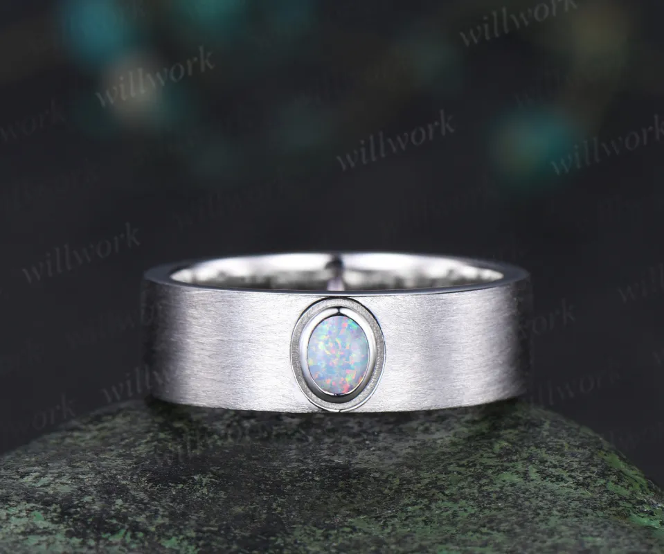 Oval shape opal men wedding band brushed finsh solitaire ring solid white gold engagement ring unique October birthstone anniversary gift sold by Willwork Jewelry