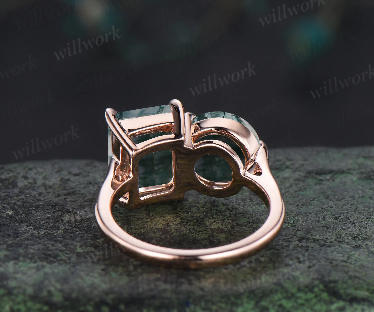 Unique two-stone moss agate engagement ring emerald & round cut moss agate bridal wedding ring Toi et Moi two stone ring gifts for her sold by Willwork Jewelry product image thumbnail 5