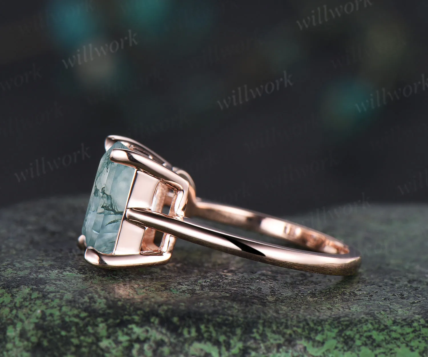 Unique two-stone moss agate engagement ring emerald & round cut moss agate bridal wedding ring Toi et Moi two stone ring gifts for her sold by Willwork Jewelry product image thumbnail 4