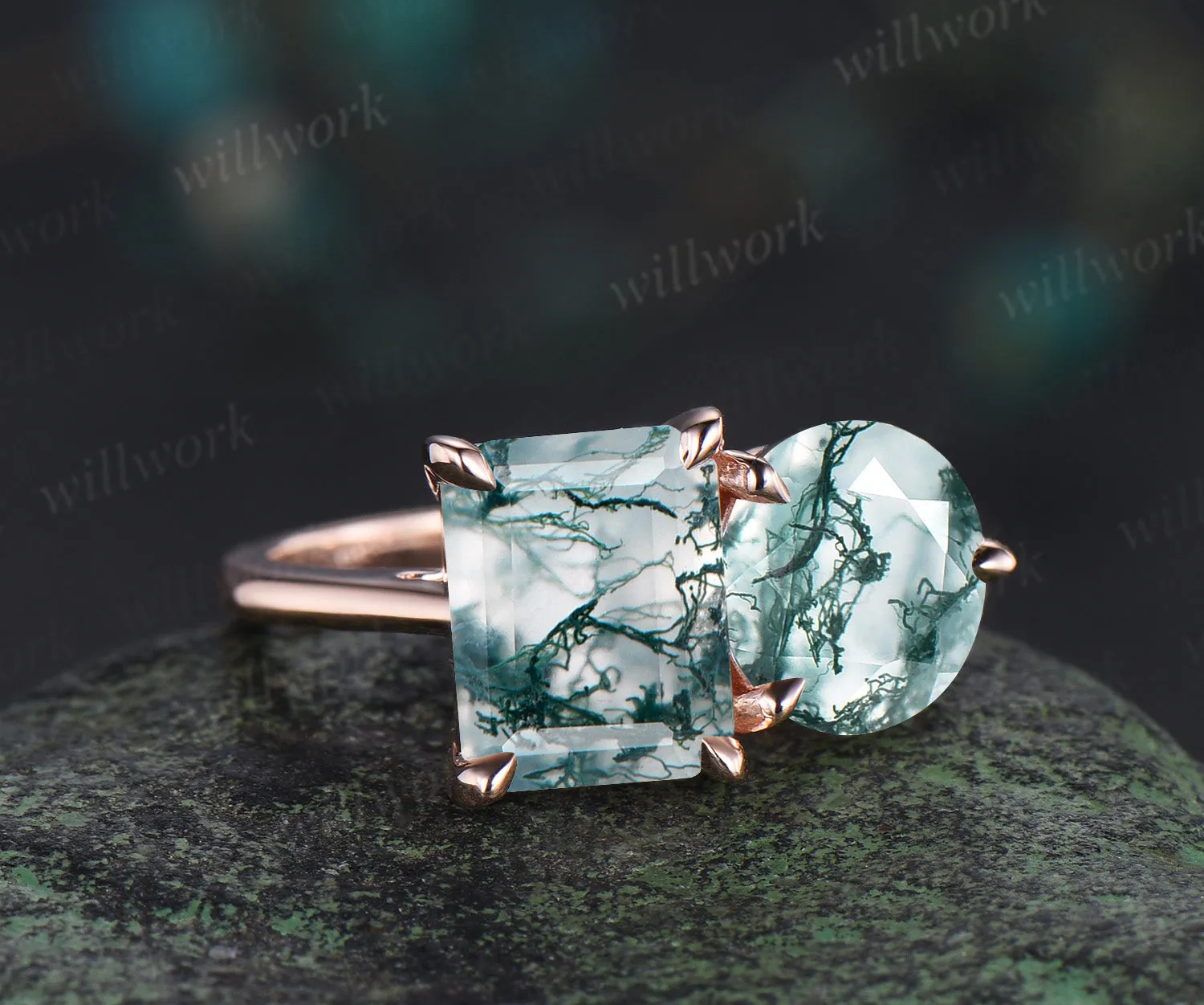 Unique two-stone moss agate engagement ring emerald & round cut moss agate bridal wedding ring Toi et Moi two stone ring gifts for her sold by Willwork Jewelry product image thumbnail 2