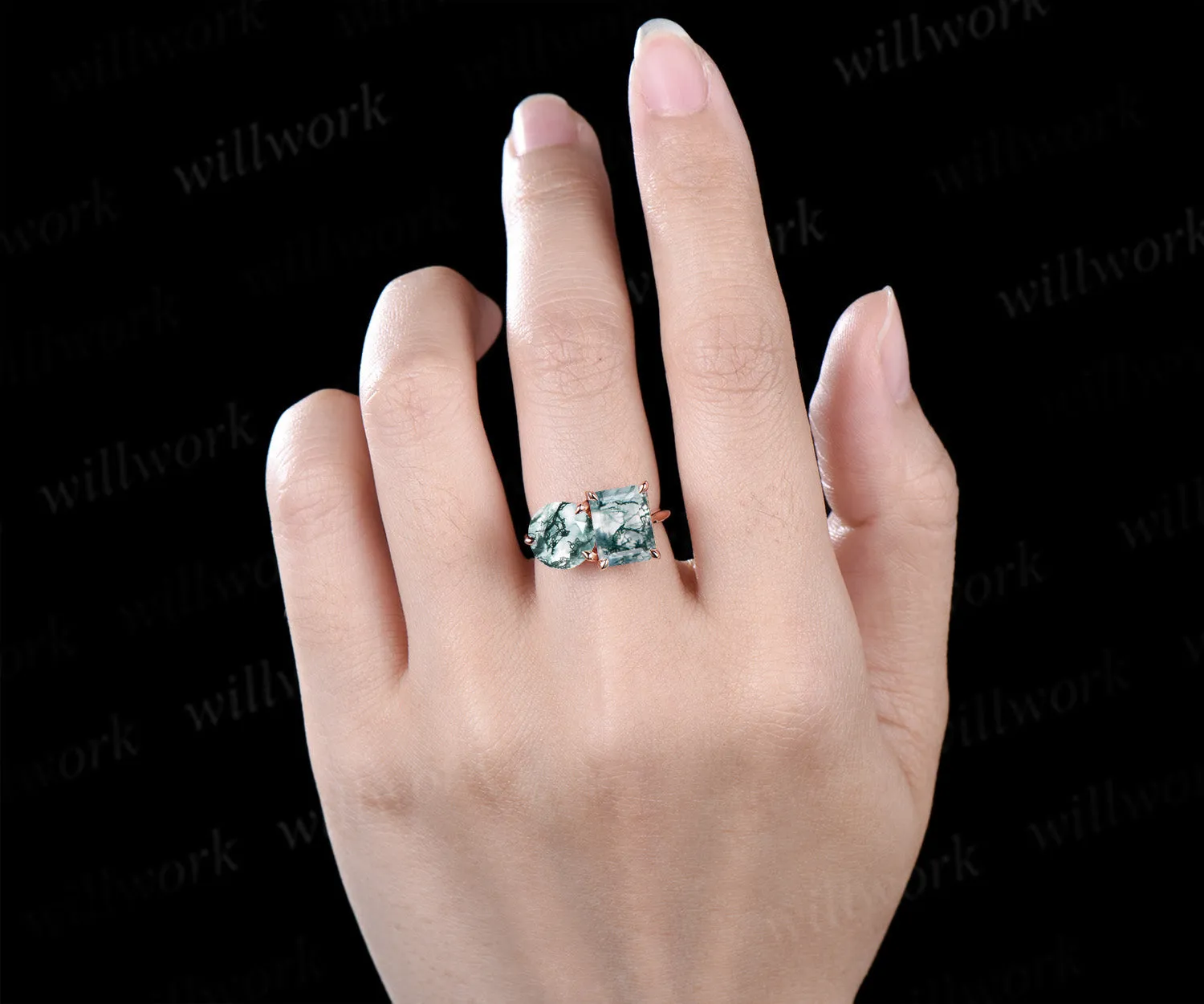 Unique two-stone moss agate engagement ring emerald & round cut moss agate bridal wedding ring Toi et Moi two stone ring gifts for her sold by Willwork Jewelry product image thumbnail 3