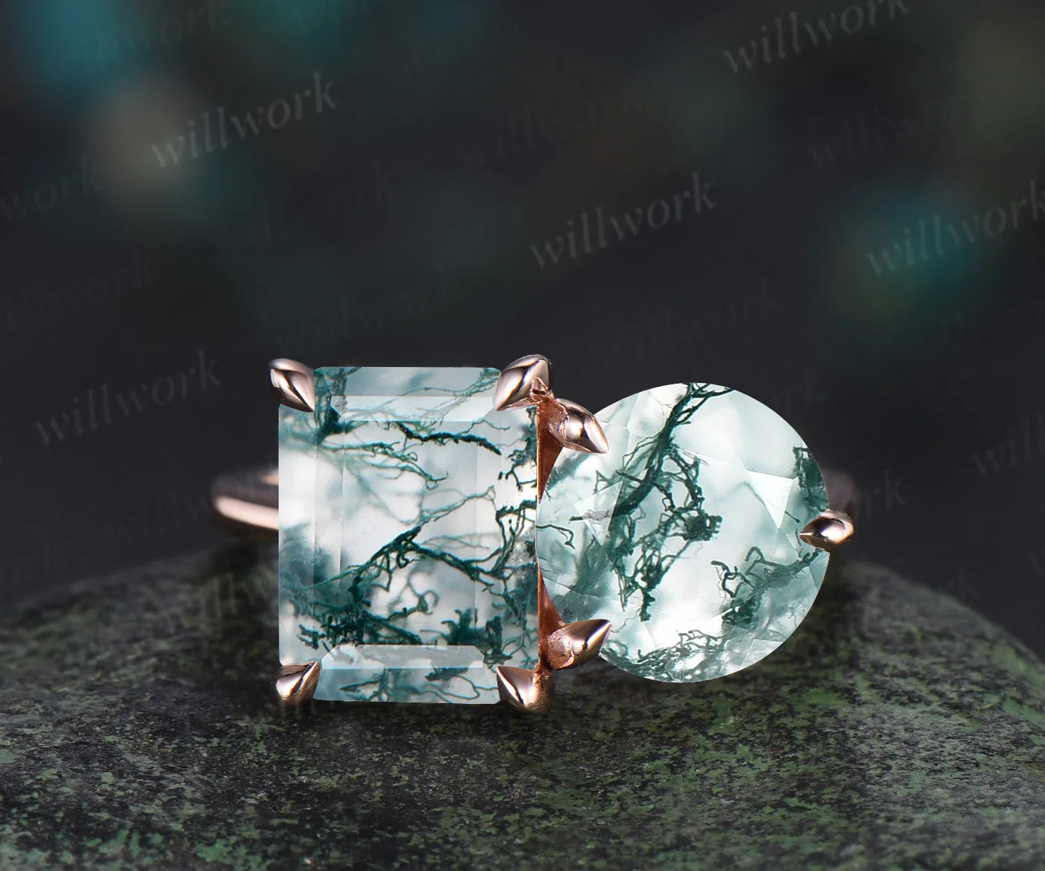 Unique two-stone moss agate engagement ring emerald & round cut moss agate bridal wedding ring Toi et Moi two stone ring gifts for her sold by Willwork Jewelry