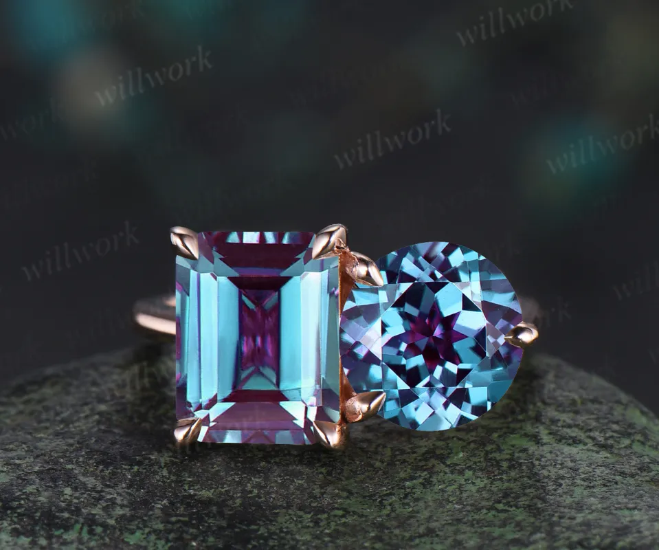 Toi et Moi ring emerald round cut alexandrite engagement ring solid 14k rose gold personalized simple wedding ring June birthstone anniversary bridal gifts sold by Willwork Jewelry