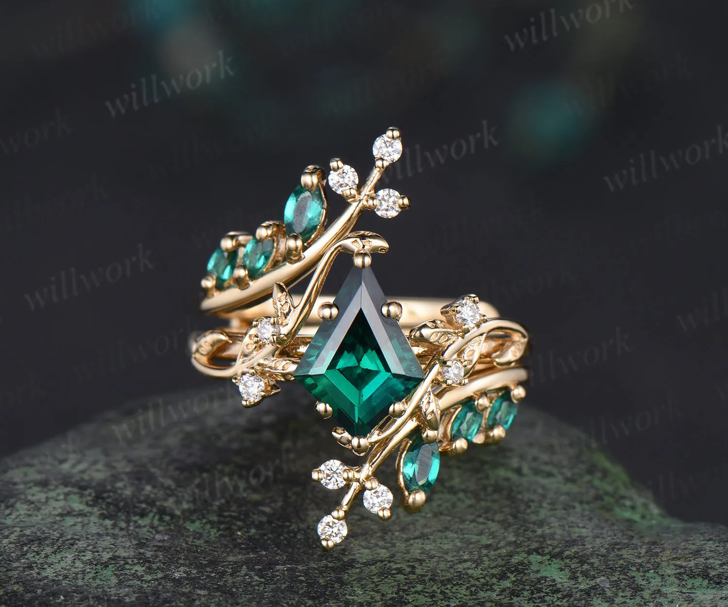 Kite cut emerald leaf engagement ring set twig nature inspired 14k yellow gold diamond enhancer wedding band bridal set sold by Willwork Jewelry