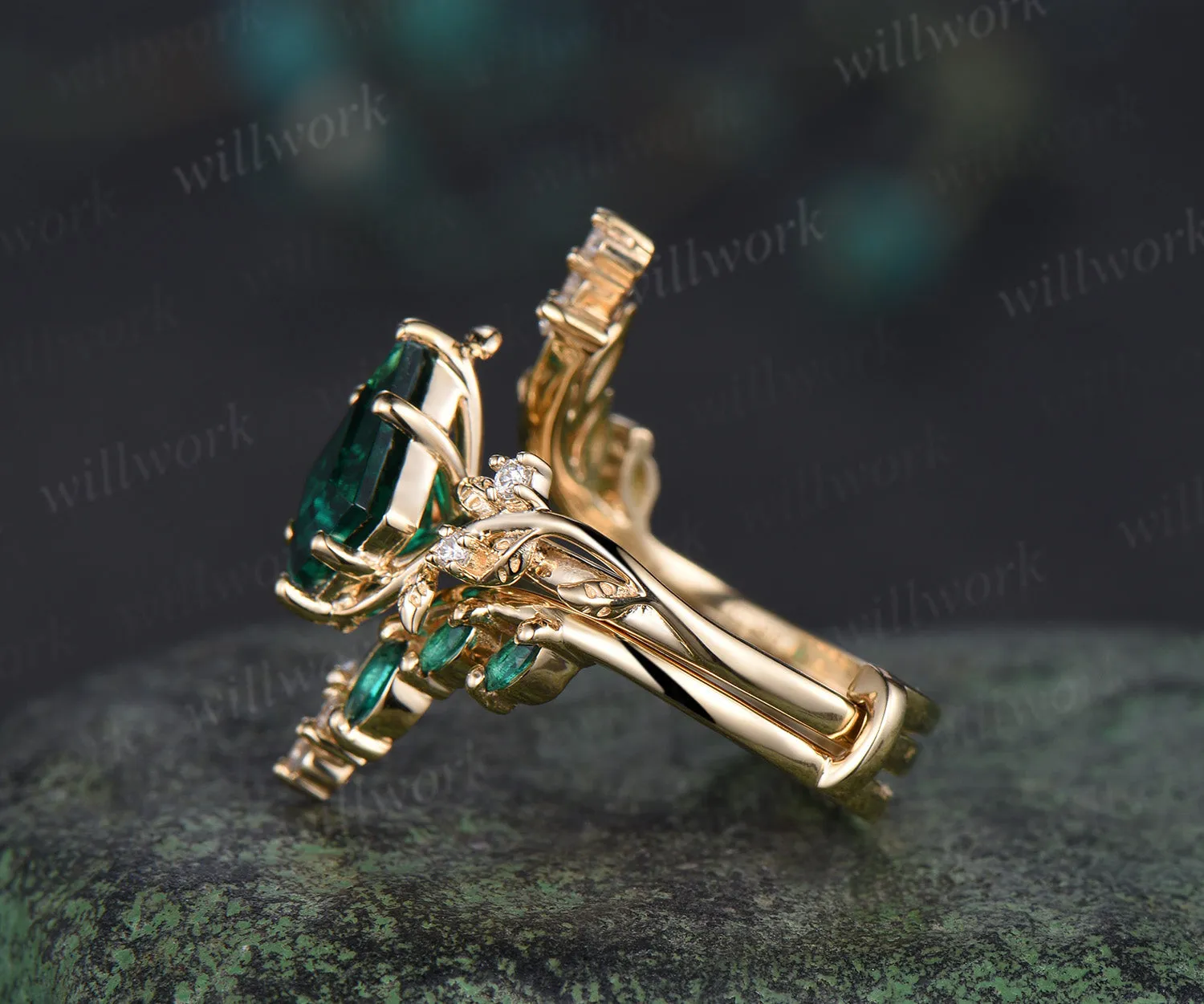 Kite cut emerald leaf engagement ring set twig nature inspired 14k yellow gold diamond enhancer wedding band bridal set sold by Willwork Jewelry product image thumbnail 3