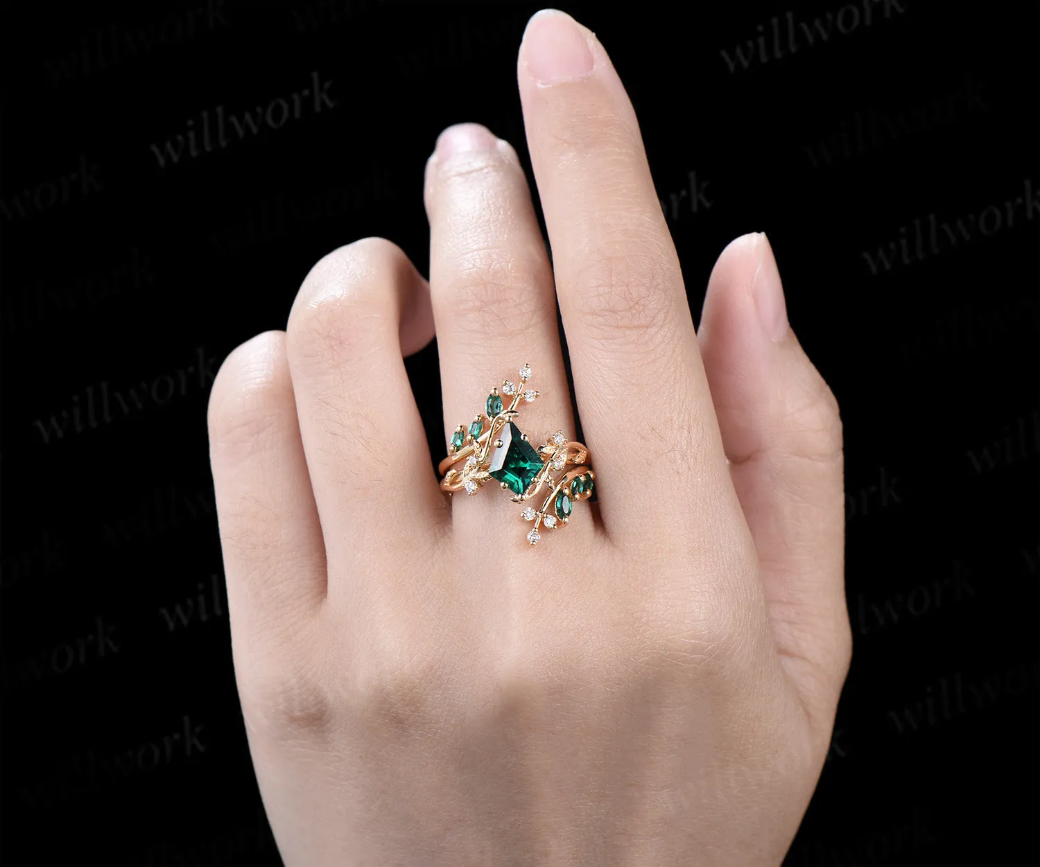 Kite cut emerald leaf engagement ring set twig nature inspired 14k yellow gold diamond enhancer wedding band bridal set sold by Willwork Jewelry product image thumbnail 2
