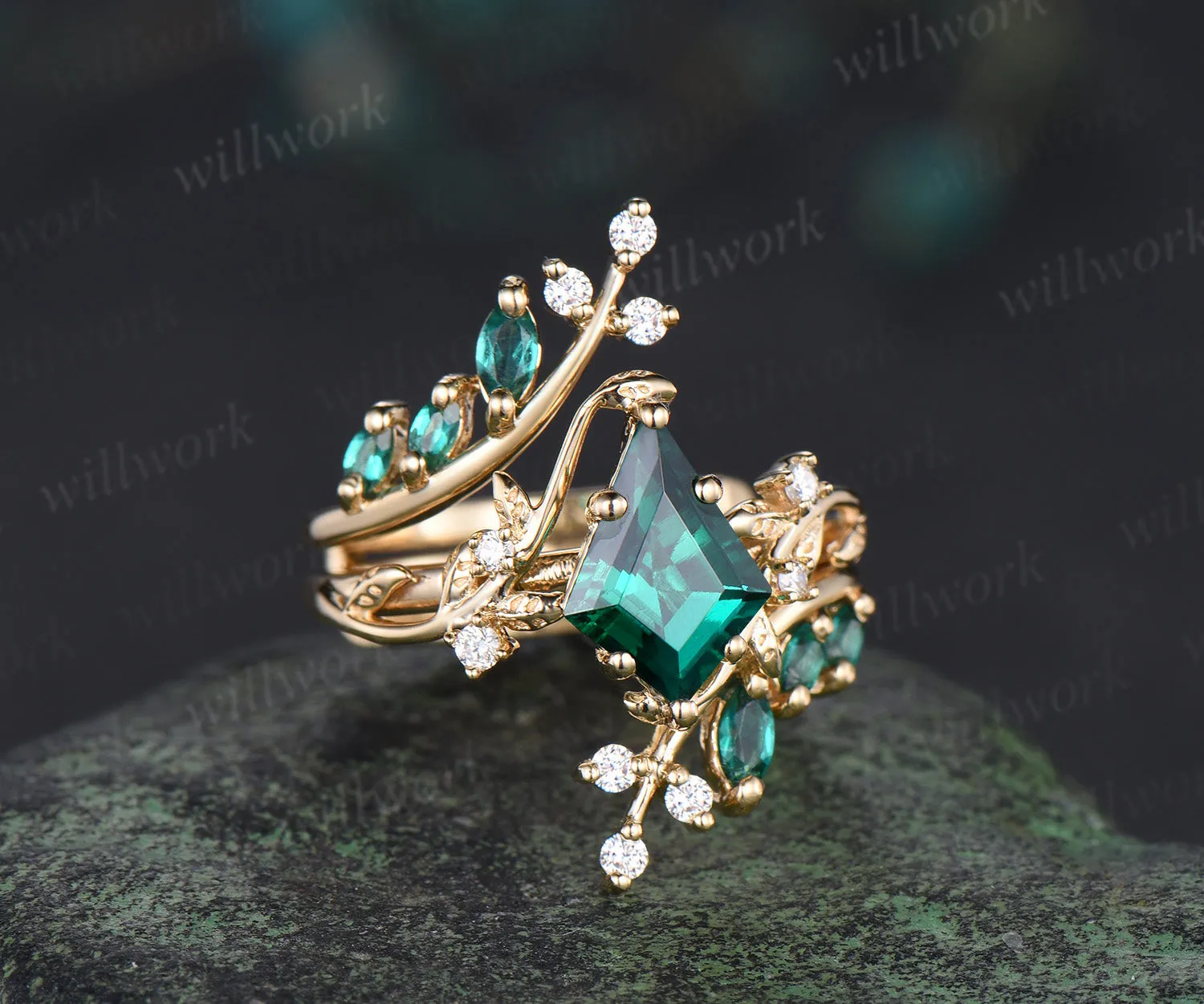 Kite cut emerald leaf engagement ring set twig nature inspired 14k yellow gold diamond enhancer wedding band bridal set sold by Willwork Jewelry product image thumbnail 4