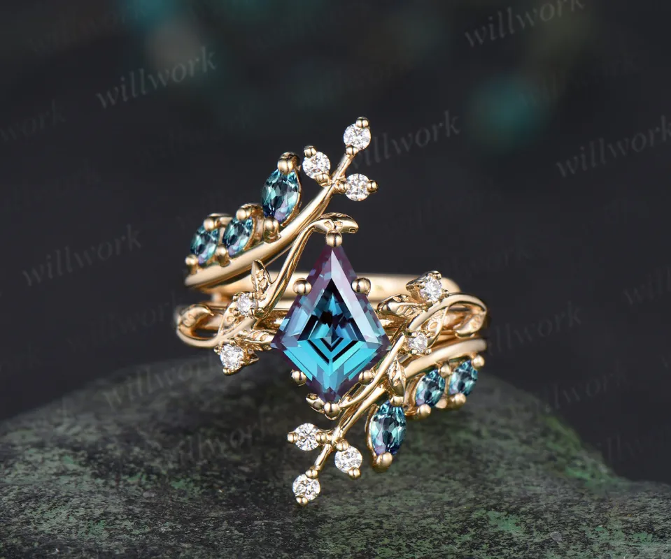 Unique kite cut alexandrite leaf engagement ring set twig nature inspired 14k yellow gold diamond enhancer wedding ring band women sold by Willwork Jewelry
