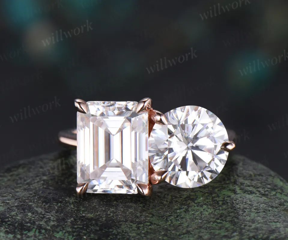 Two stone emerald round cut moissanite engagement ring solid 14k rose gold personalized Toi et Moi ring birthday anniversary bridal gifts made by Willwork Jewelry