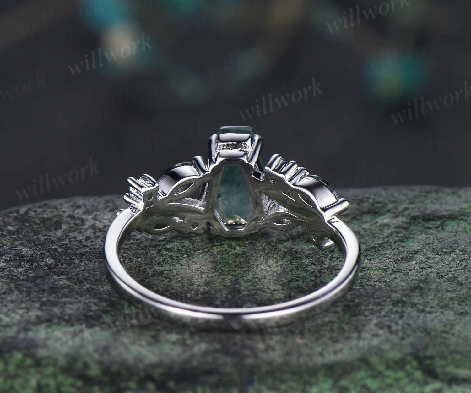 6x9mm coffin moss agate emerald ring unique split shank marquise moss agate engagement ring nature-inspired jewelry for her sold by Willwork Jewelry product image thumbnail 5