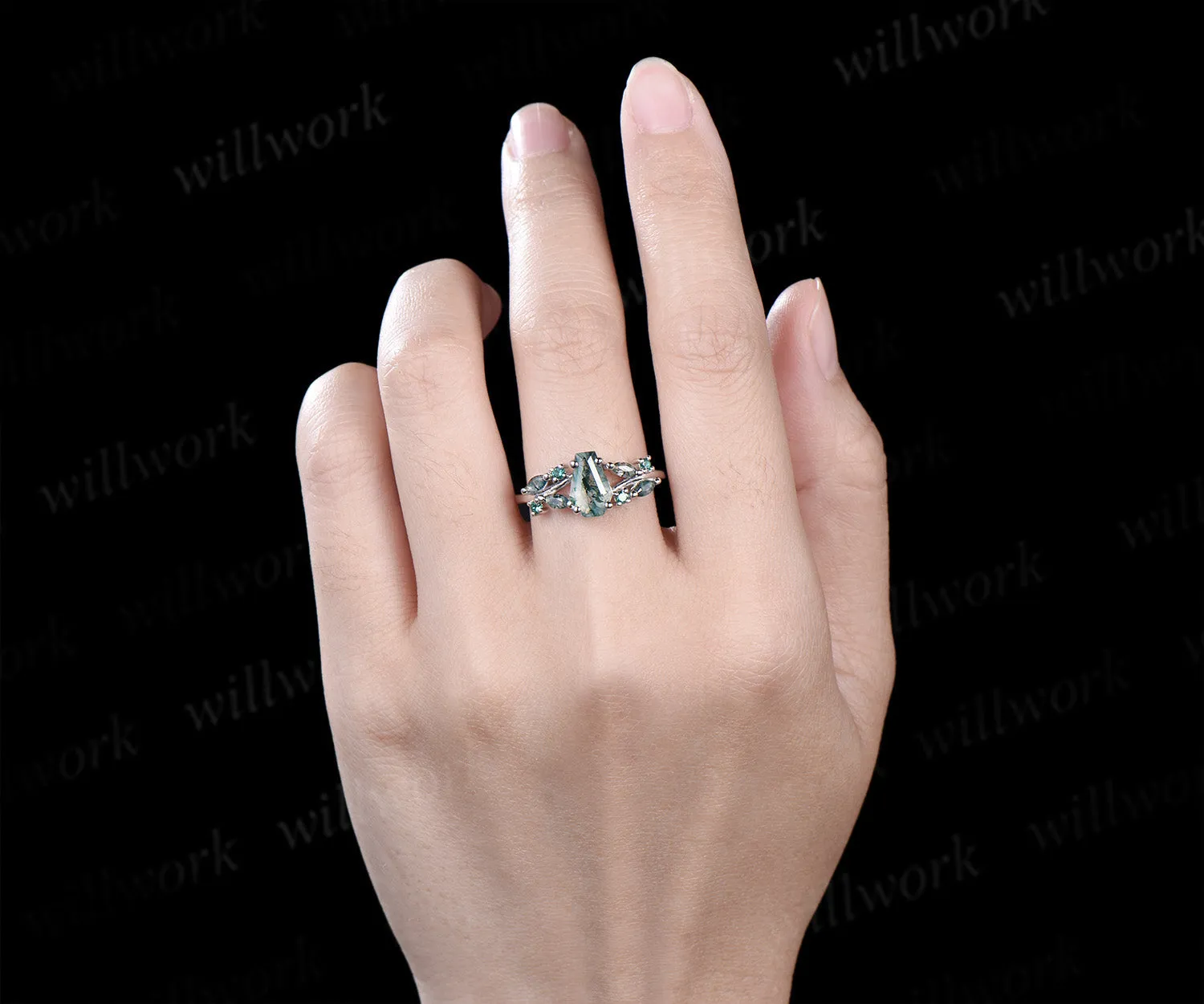 6x9mm coffin moss agate emerald ring unique split shank marquise moss agate engagement ring nature-inspired jewelry for her sold by Willwork Jewelry product image thumbnail 3