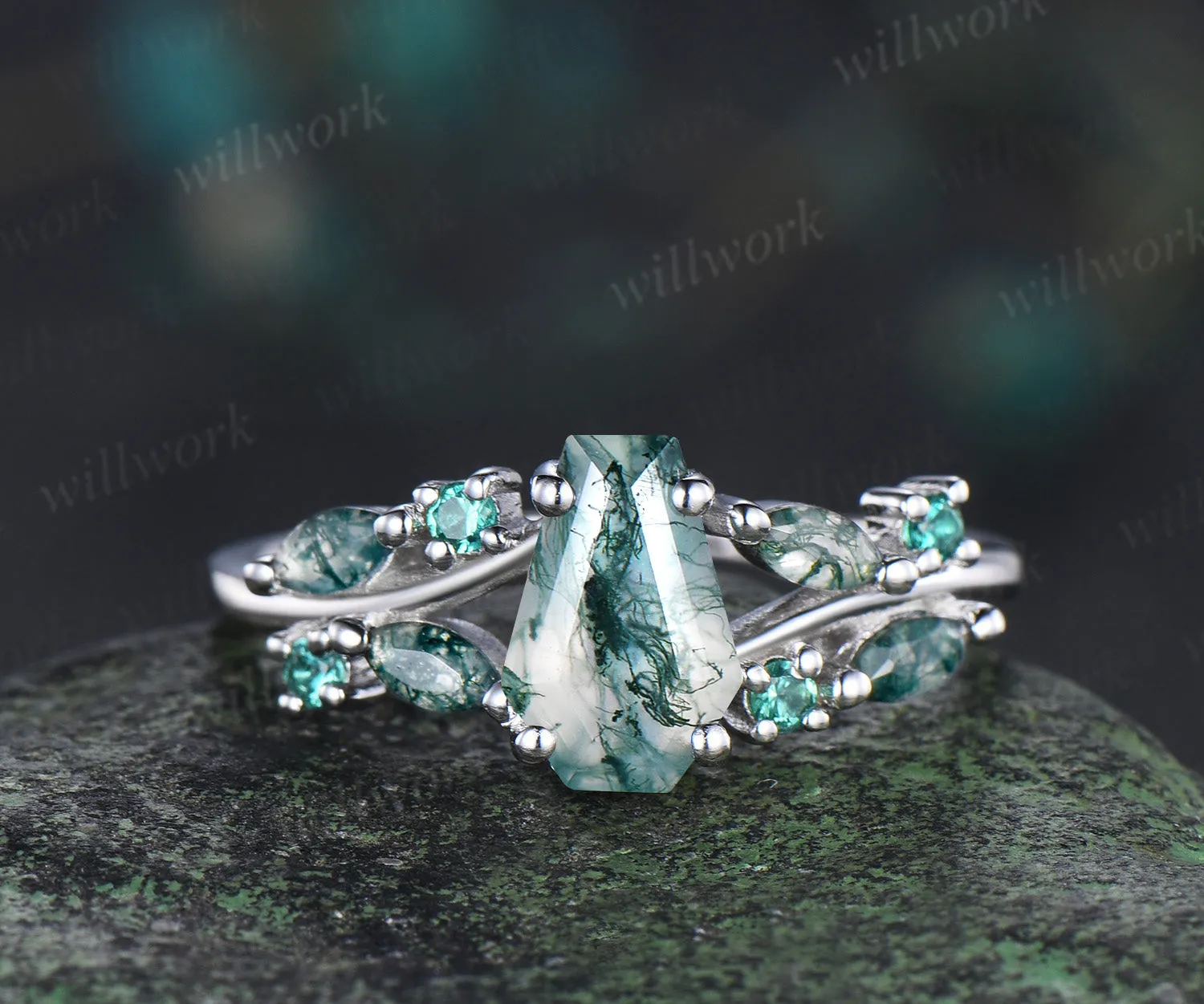 6x9mm coffin moss agate emerald ring unique split shank marquise moss agate engagement ring nature-inspired jewelry for her sold by Willwork Jewelry
