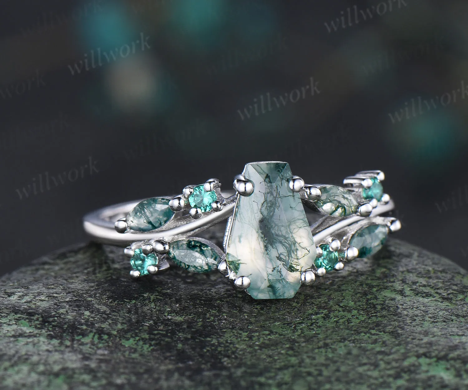 6x9mm coffin moss agate emerald ring unique split shank marquise moss agate engagement ring nature-inspired jewelry for her sold by Willwork Jewelry product image thumbnail 2