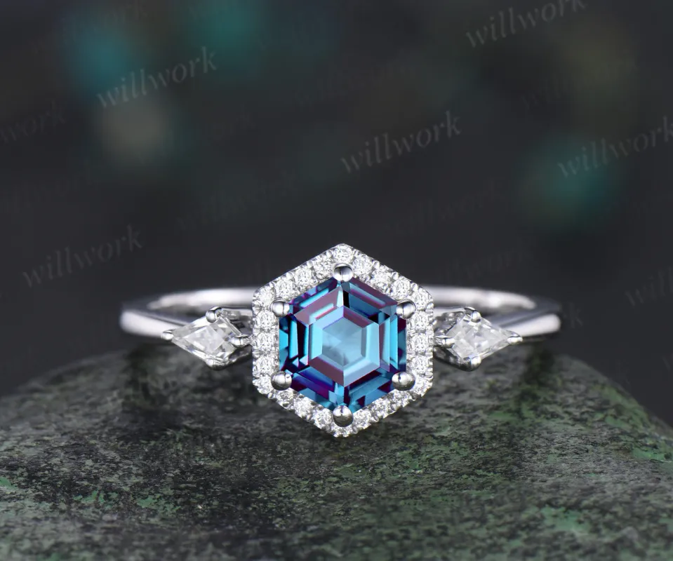 Hexagon cut alexandrite & moissanite halo ring unique kite moissanite engagement ring June birthstone wedding gift for her sold by Willwork Jewelry