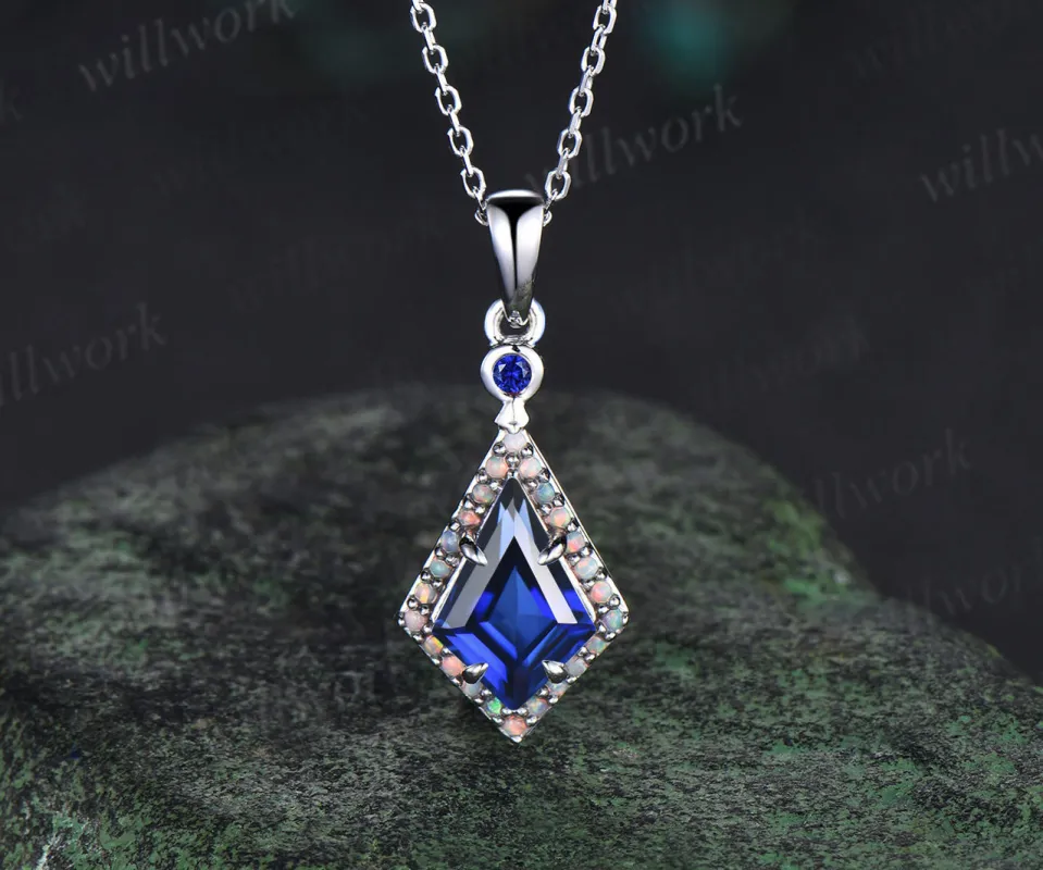 Kite cut sapphire pendant necklace vintage opals halo pendant blue sapphire pendant necklace September birthstone jewelry gifts for her made by Willwork Jewelry